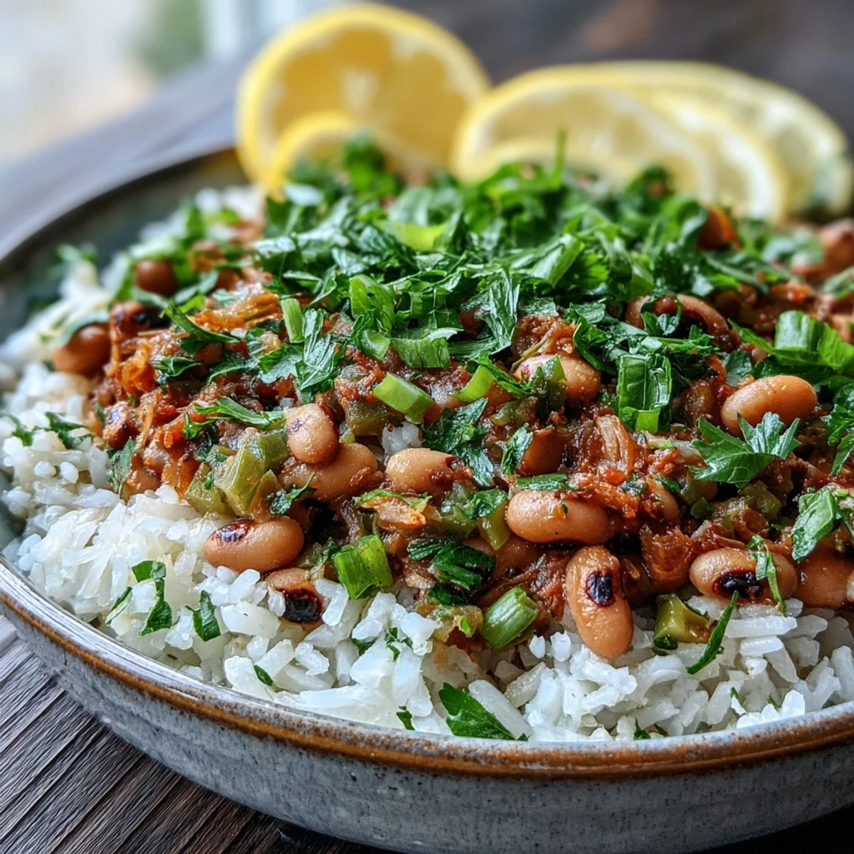 A spoon serves the vegetarian Hoppin' John over fluffy rice, garnished with fresh green herbs and sliced green onions.