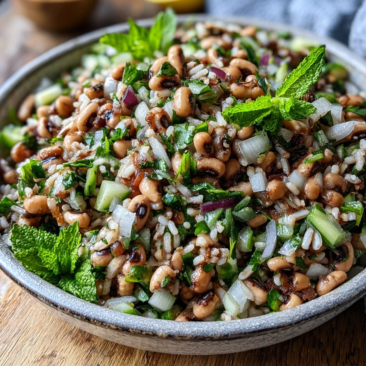 A vibrant bowl of Southern Black Eyed Pea Salad featuring brown rice, crisp celery, red onion, and fresh mint tossed in a zesty lemon dressing.