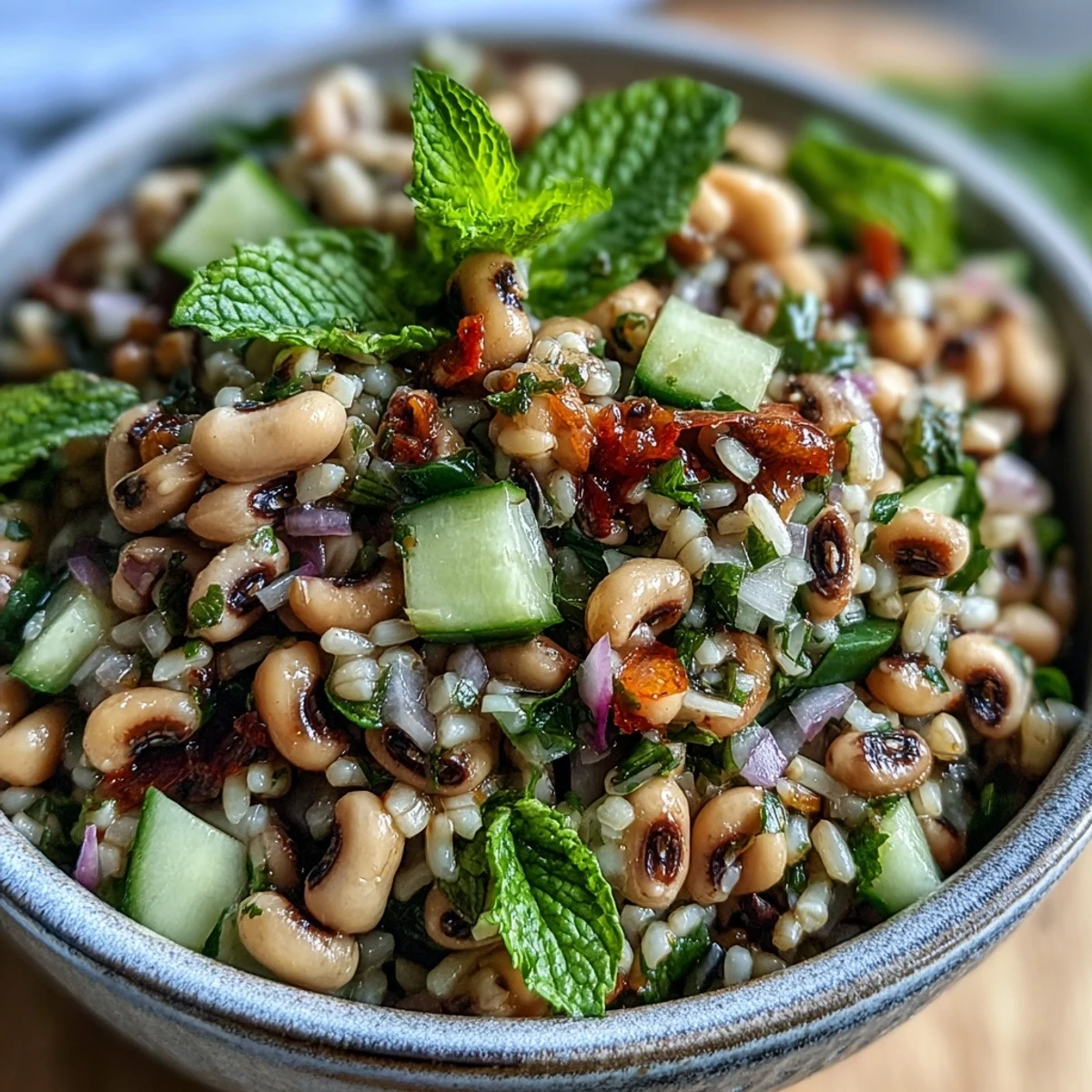 Hearty Southern Black Eyed Pea Salad served chilled as a refreshing side dish, garnished with fresh mint and a bright lemon vinaigrette.