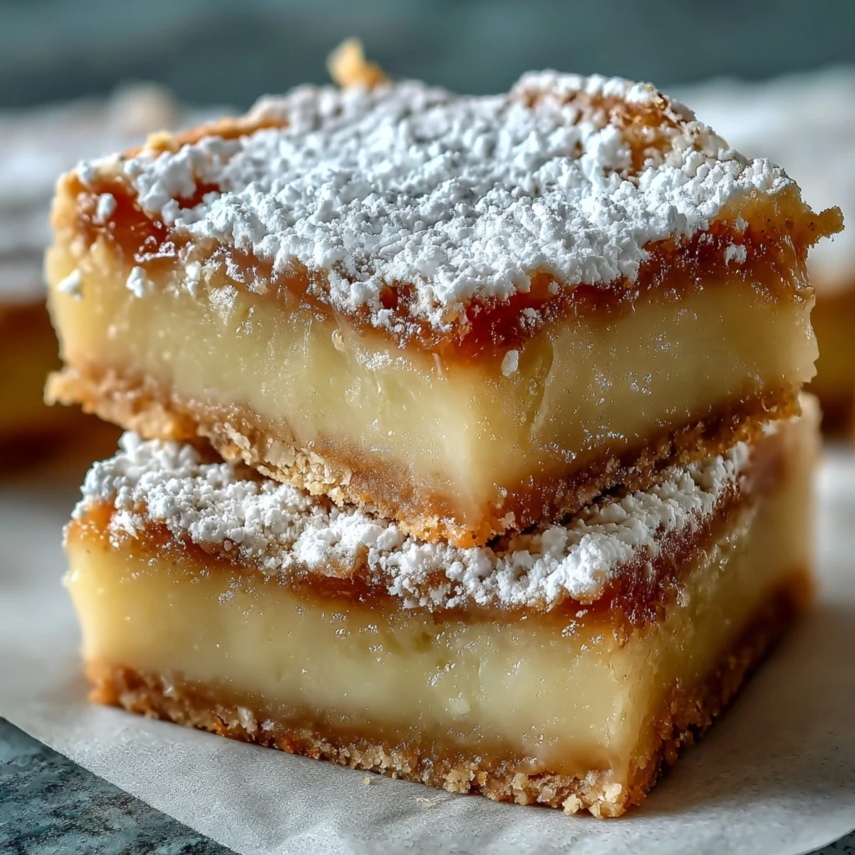 A single bar of Earl Grey Tea, Guava, and Lemon Bars rests on a white plate, dusted with powdered sugar next to a steaming cup of Earl Grey tea.