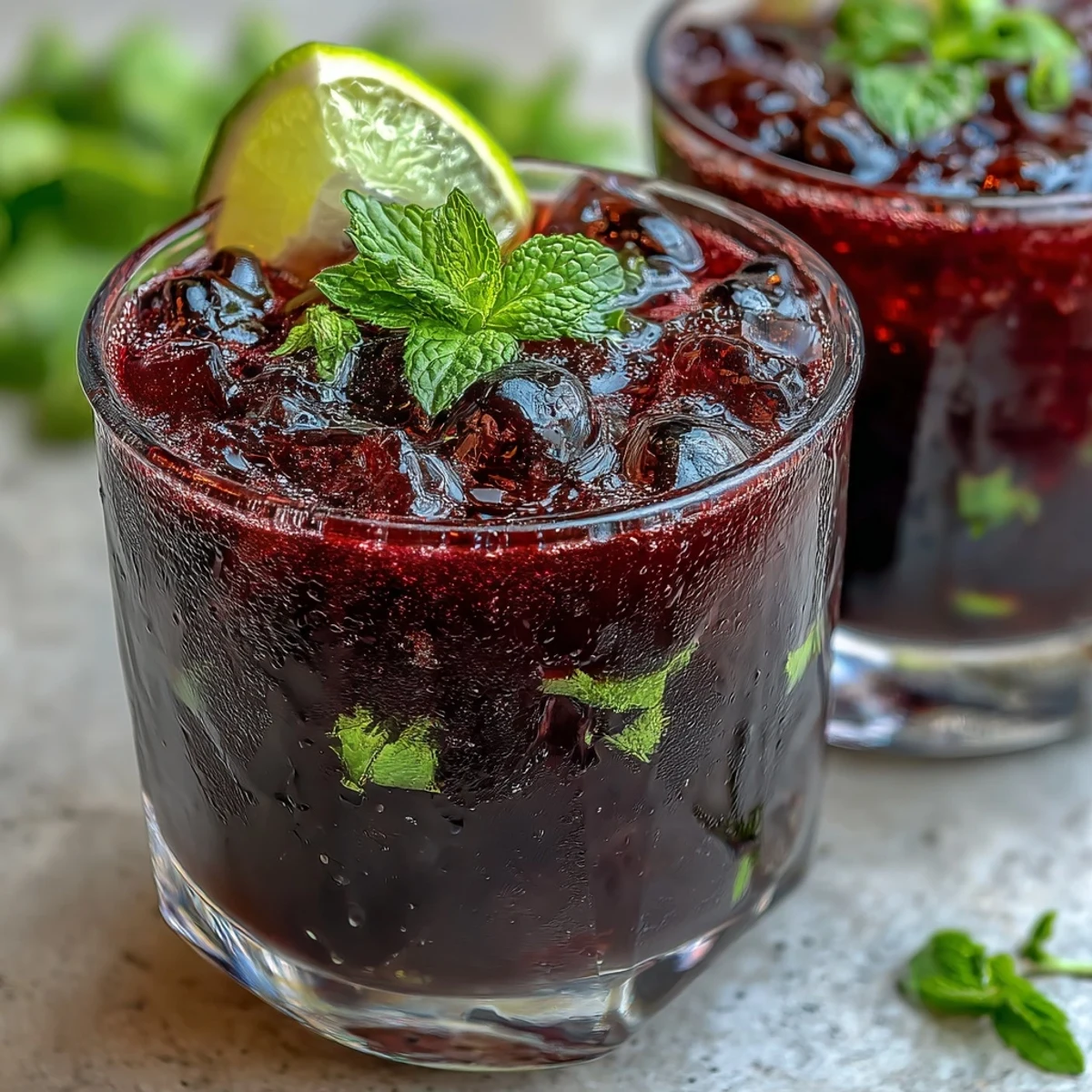 A close up of a Black Currant Mojito, featuring bubbly club soda, crushed ice, and a vibrant lime garnish for summer parties.