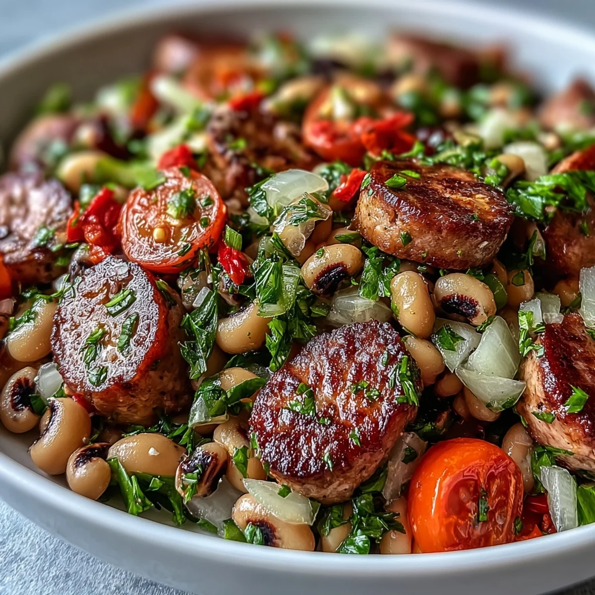 Platter of Hoppin John Style Black-Eyed Pea Salad with sliced turkey sausage, cherry tomatoes, and tarragon garnish. 