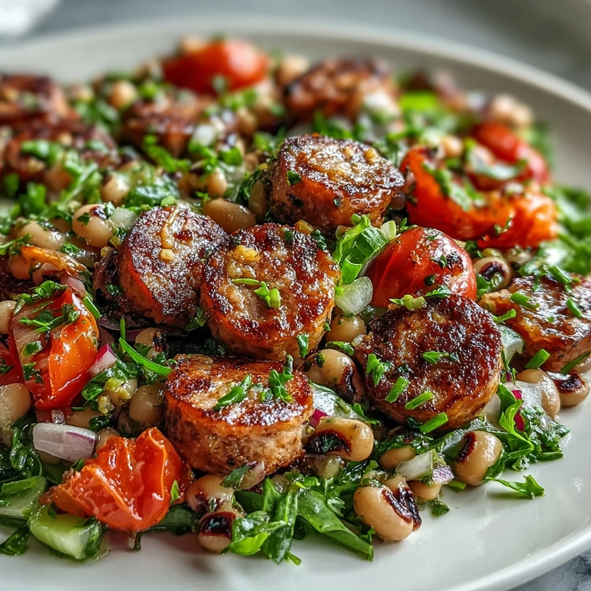 Close-up of Hoppin John Style Black-Eyed Pea Salad showcasing diced red bell pepper, celery, and a glossy mustard dressing. 