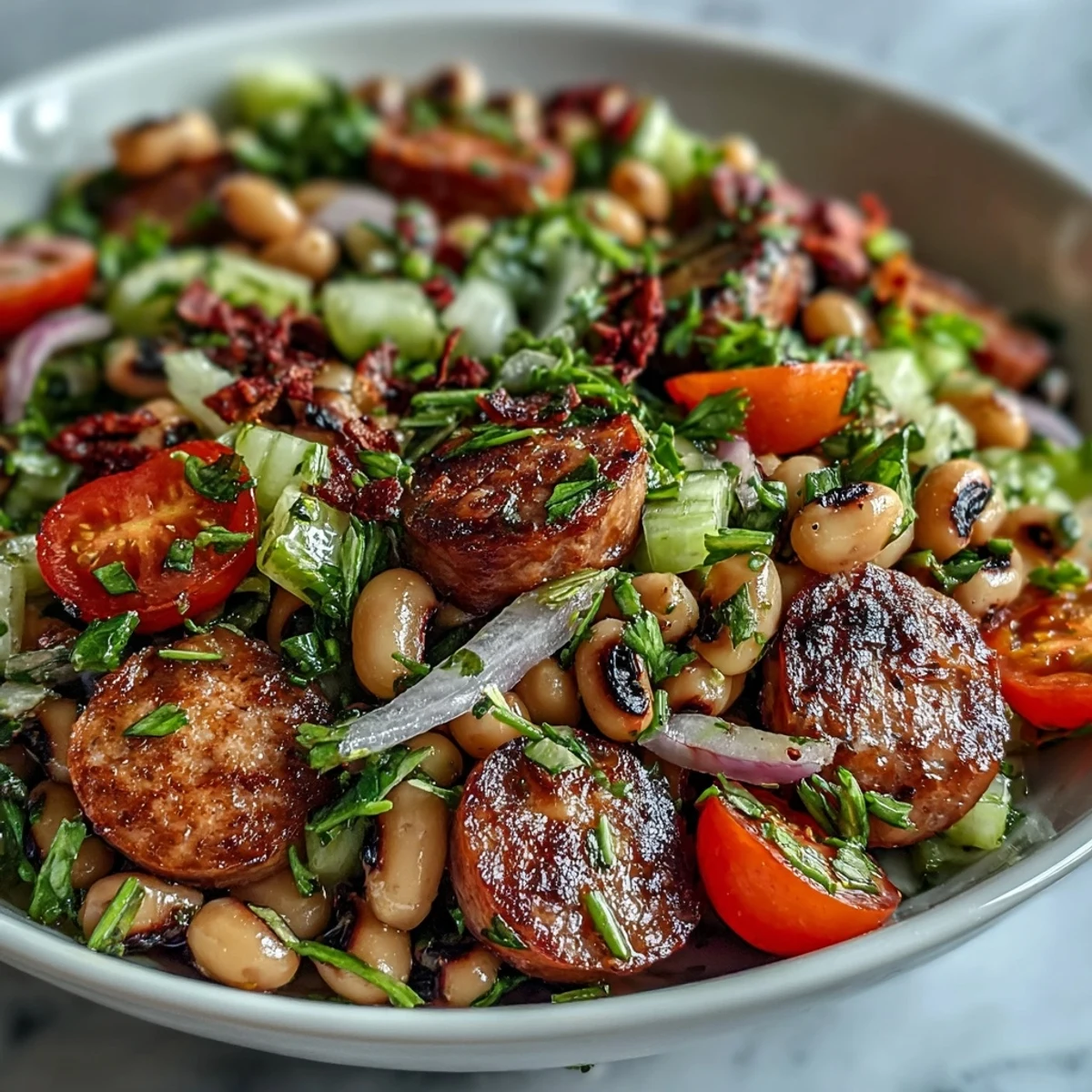 Freshly tossed Hoppin John Style Black-Eyed Pea Salad with turkey sausage served over vibrant mixed greens on a plate.