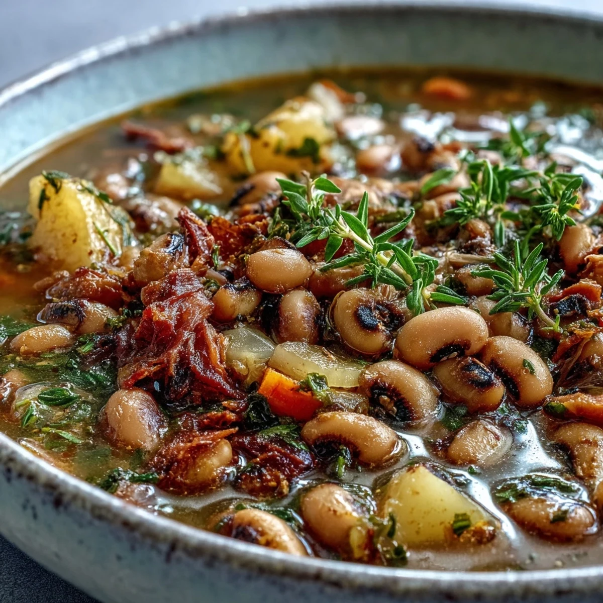 Festive Black-Eyed Pea Stew with Smoked Ham Hocks in a rustic bowl, garnished with fresh parsley, ideal for a cozy Southern meal.