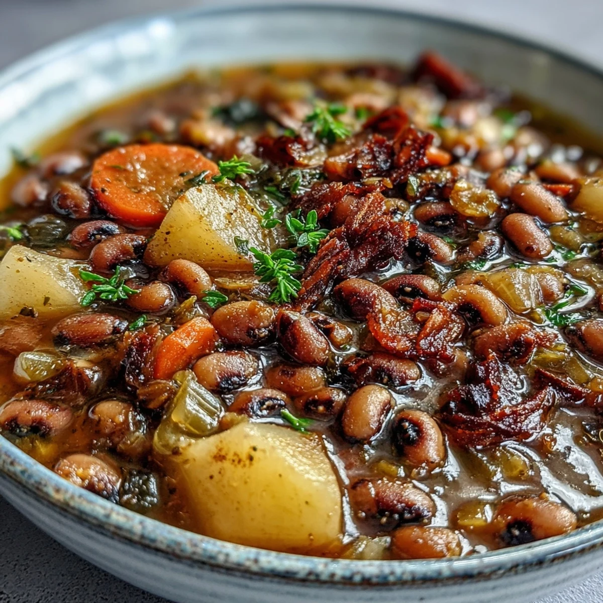 Overhead view of Black-Eyed Pea Stew with Smoked Ham Hocks, ladled into a ceramic dish with a side of golden cornbread.