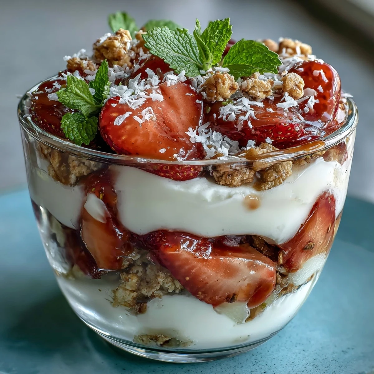 Creamy Greek yogurt and sweet guava preserves layered with fresh strawberries and kiwi.