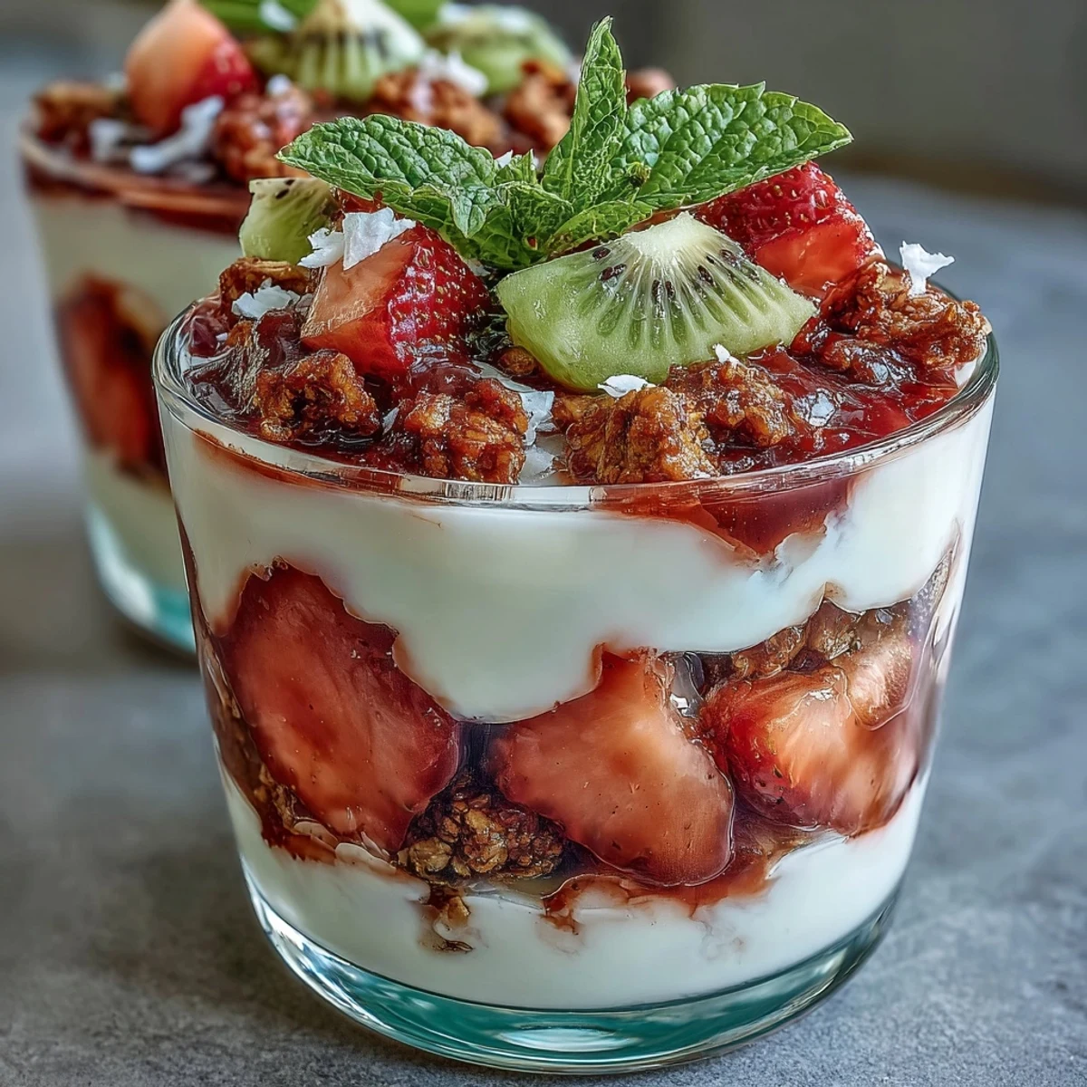 Ready-to-serve guava yogurt parfait with mint garnish, ideal for a light dessert.