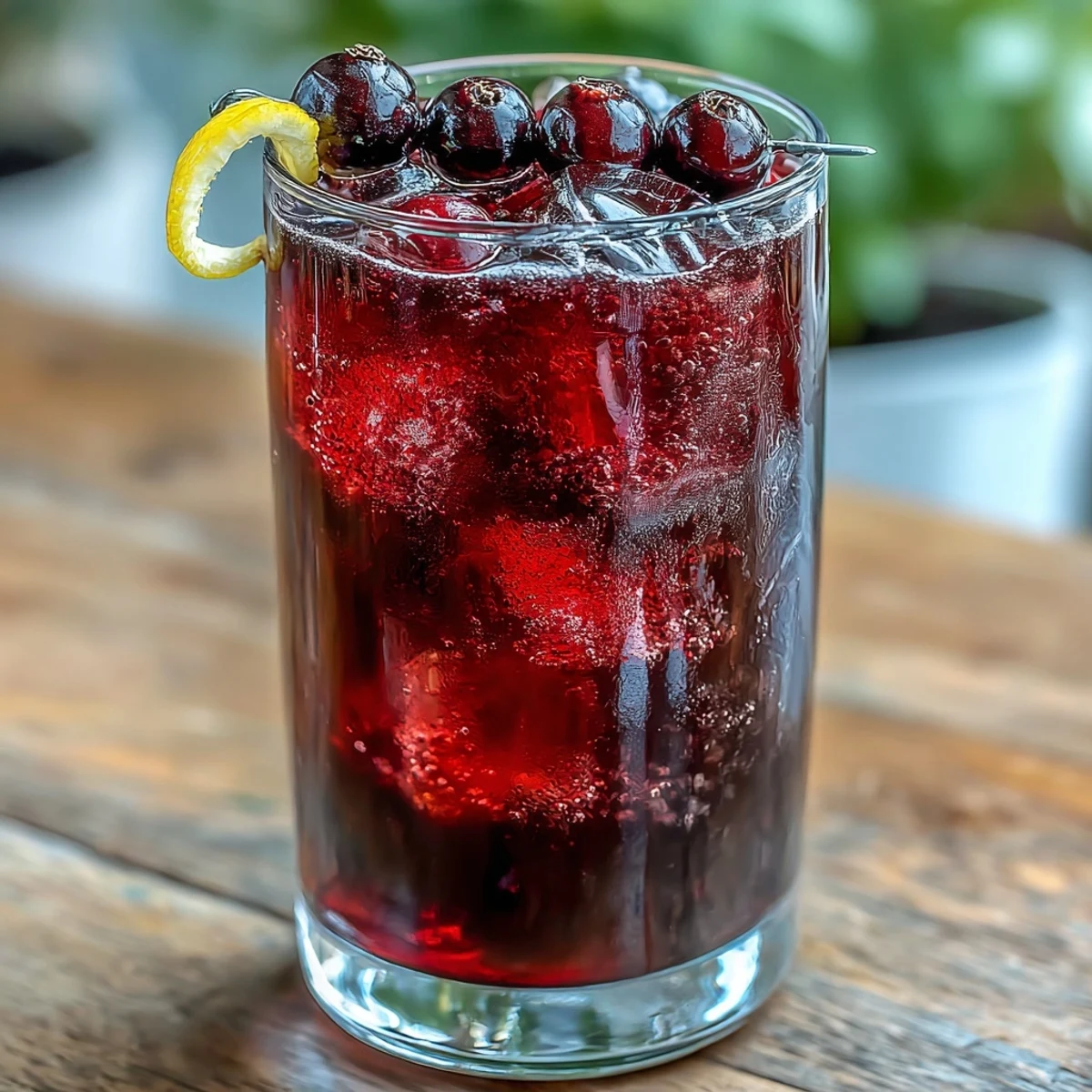 Amber glass bottle of homemade Black Currant Rum Liqueur, with a cocktail shaker and fresh berries, ready for a tropical Caribbean-inspired drink.