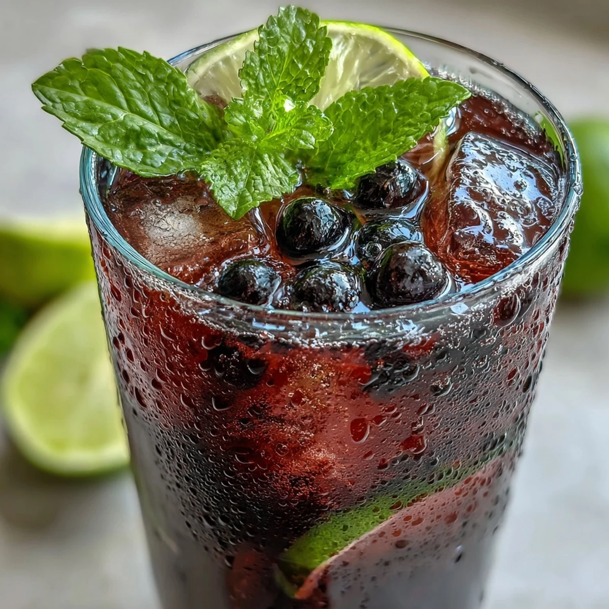 Tangy Blackcurrant Mojito with fresh mint and lime wedges, topped with soda water and ice cubes.