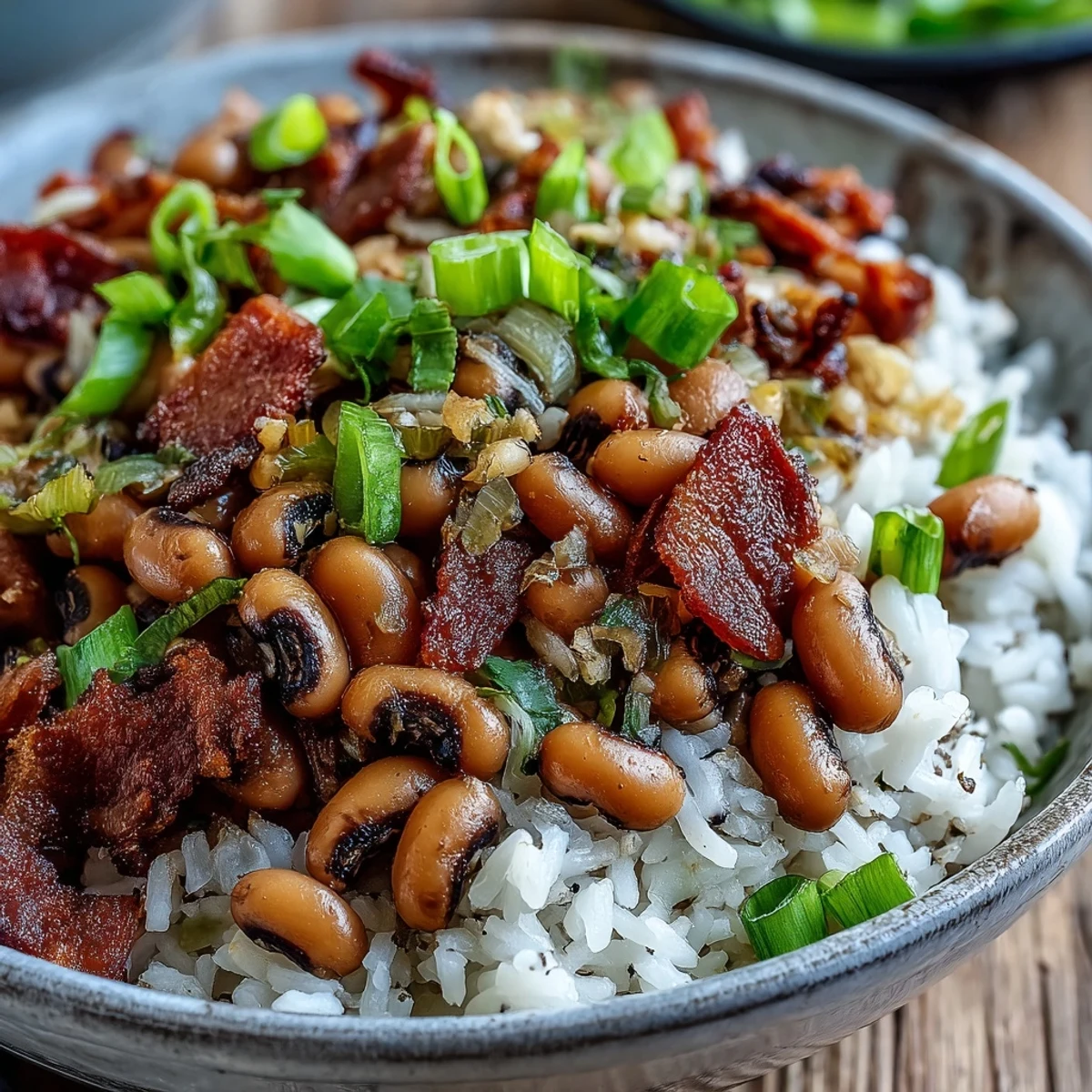 Steaming Hoppin John features saucy black-eyed peas with smoky bacon bits served over fluffy white rice.