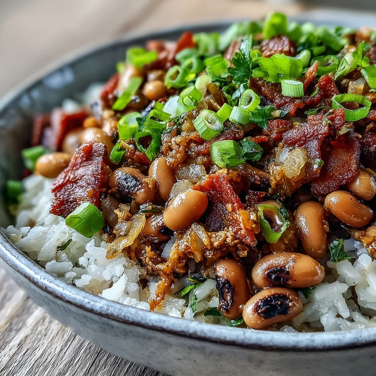 A close-up bowl of Hoppin John with tender peas, celery, and onions topped with crispy bacon and scallions.