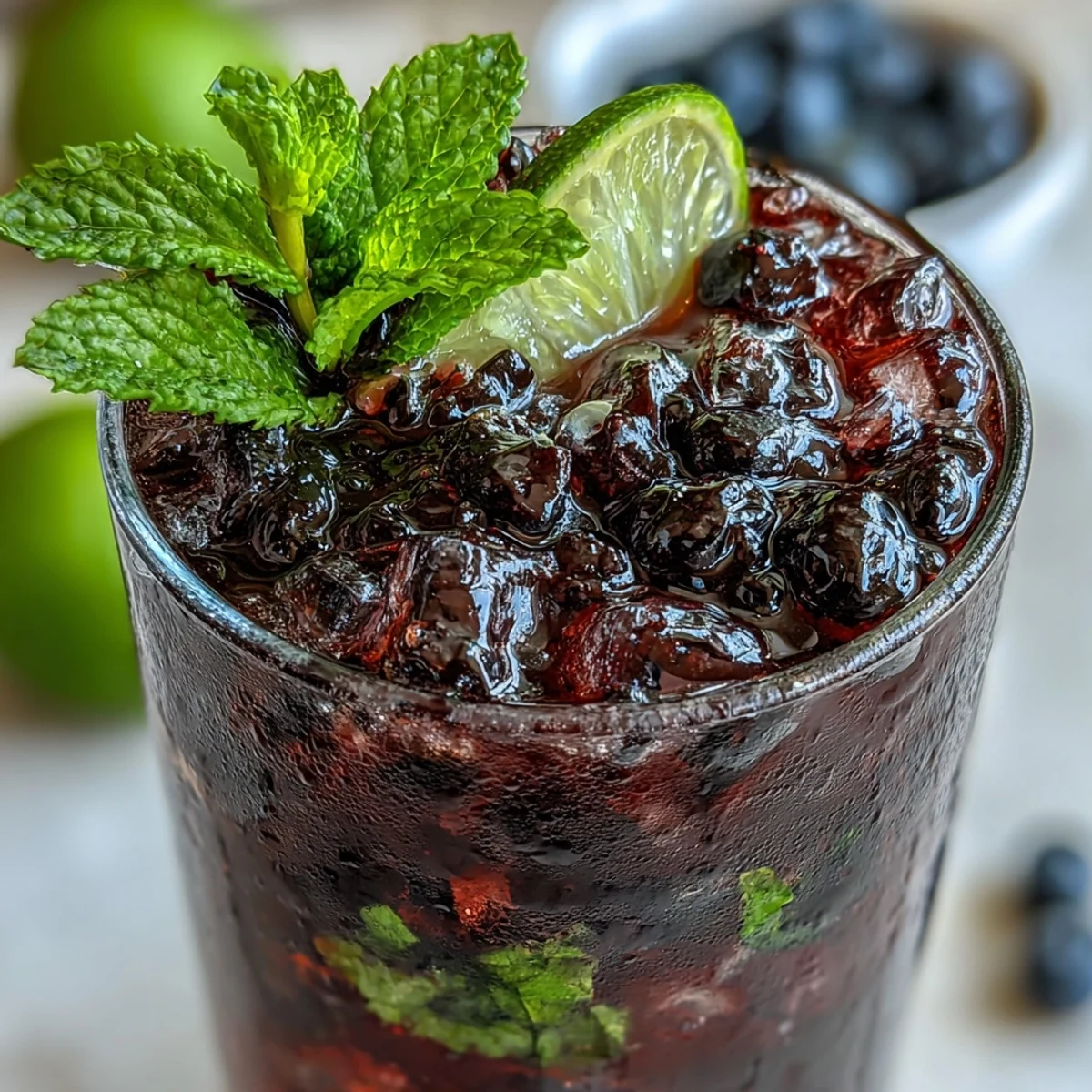 A refreshing Black Currant Mojito cocktail served in a highball glass with fresh mint, lime, and crushed ice.