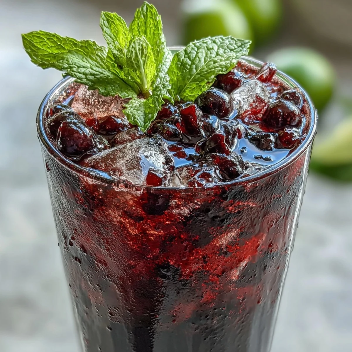Vibrant Black Currant Mojito topped with soda water, garnished with mint sprig and a lime wheel.