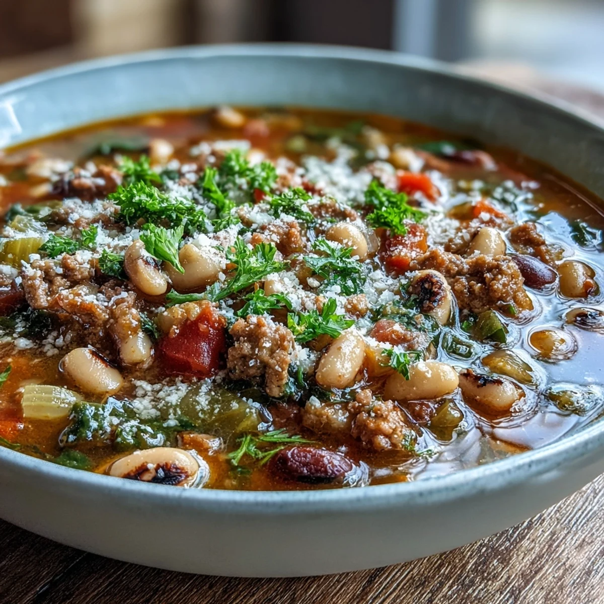 Rustic pot of Black-Eyed Peas and Sausage Soup featuring Italian sausage, bell peppers, and carrots.