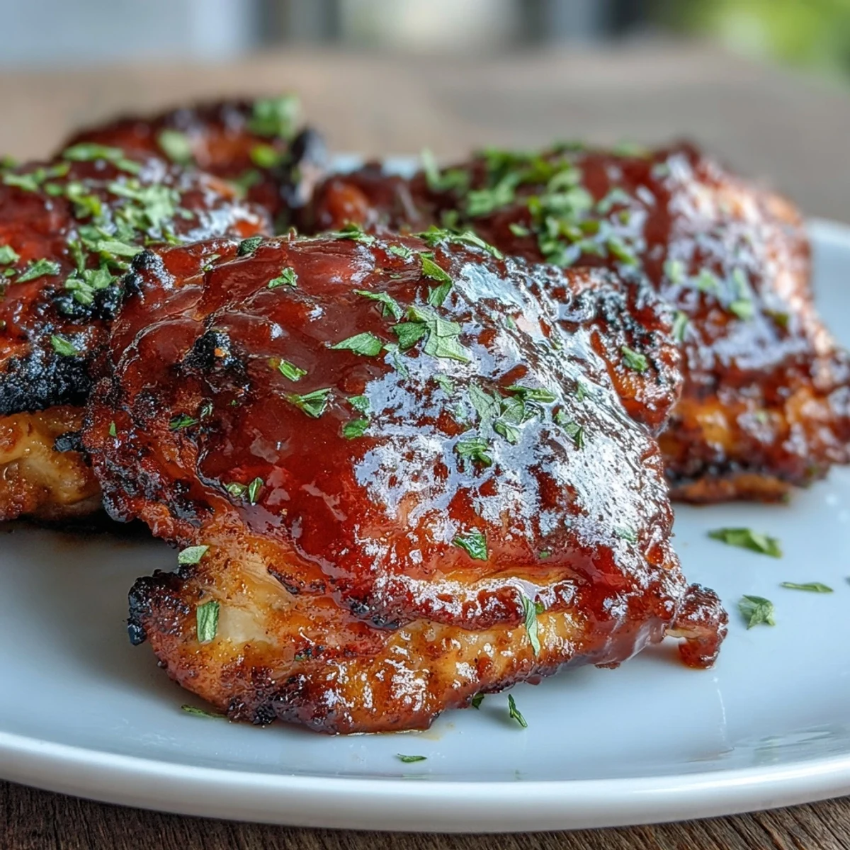 Succulent bone-in chicken thighs coated in glossy guava BBQ sauce, finished with a sweet, tropical aroma.