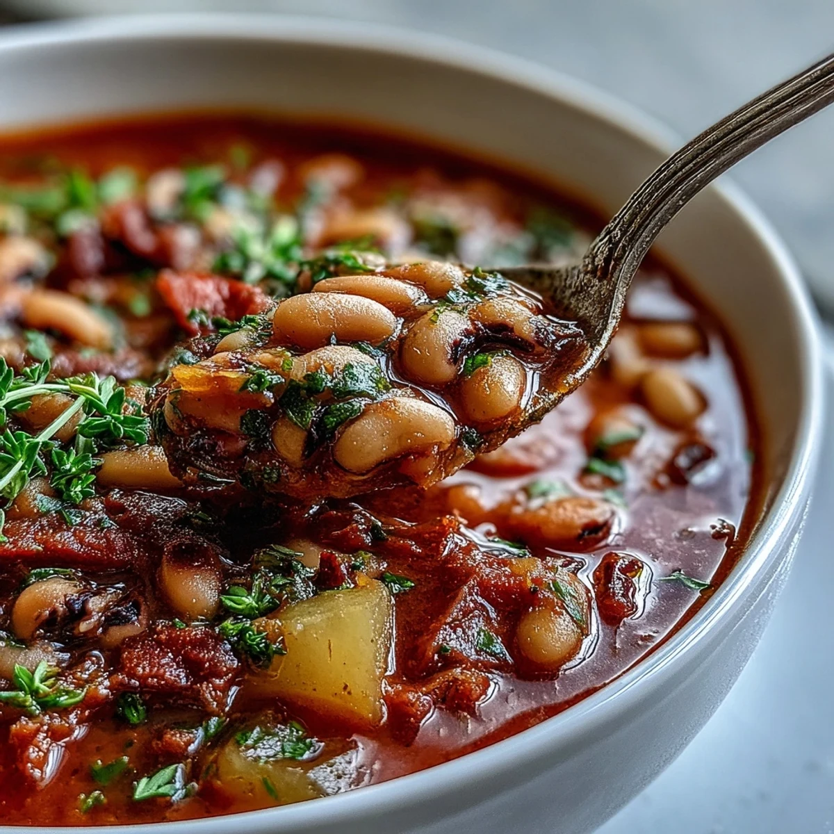 Vibrant Black-Eyed Pea Stew served in a white bowl, capturing the hearty, wholesome texture of this savory vegetarian meal.