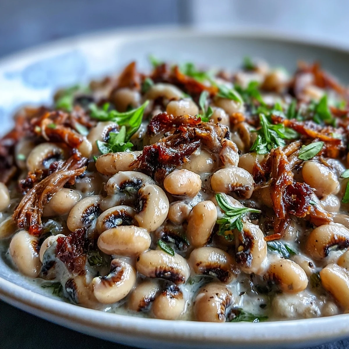 Slow cooker Crock-Pot Black-Eyed Peas with Smoked Turkey served steaming hot next to golden cornbread.