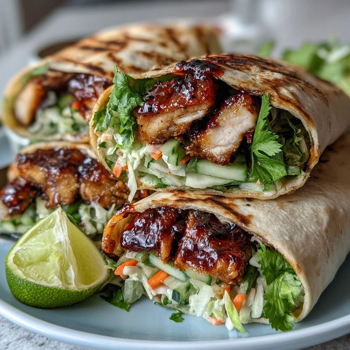 Sliced Sweet Chili Chicken Wraps on a plate show tender chicken, shredded carrots, and fresh cilantro with extra sauce drizzled.