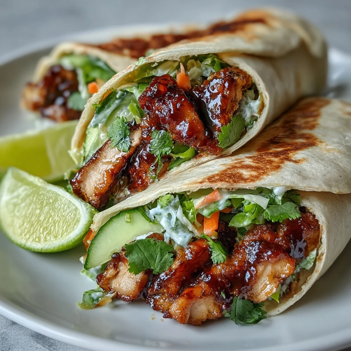 Folding a warm flour tortilla filled with Sweet Chili Chicken Wraps, including lettuce, cucumbers, and sautéed chicken strips.