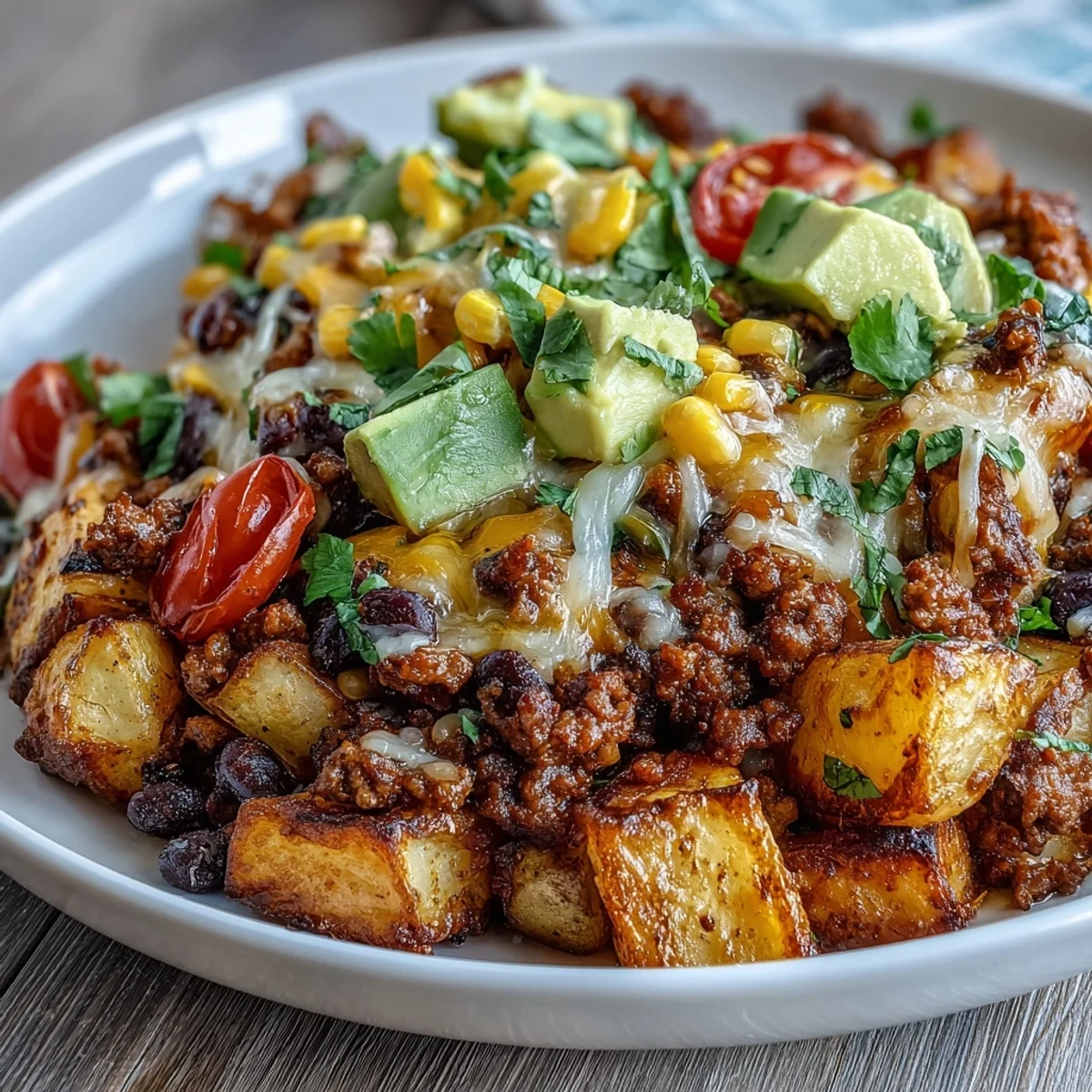 Crispy roasted potatoes form the base of this Loaded Potato Taco Bowl, topped with seasoned ground beef and melted cheddar.