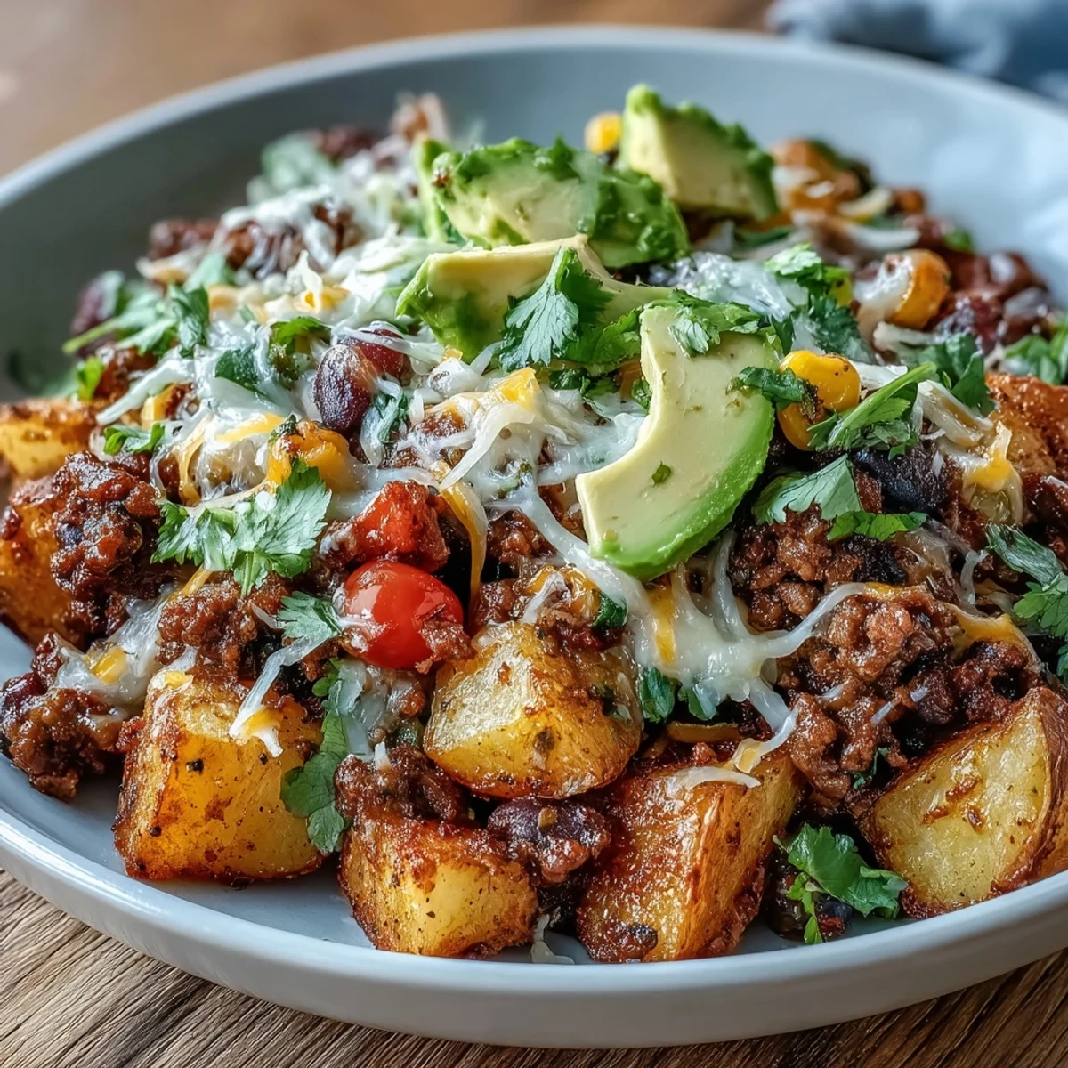 A vibrant Loaded Potato Taco Bowl is served with lime wedges and cilantro, perfect for a family weeknight dinner.