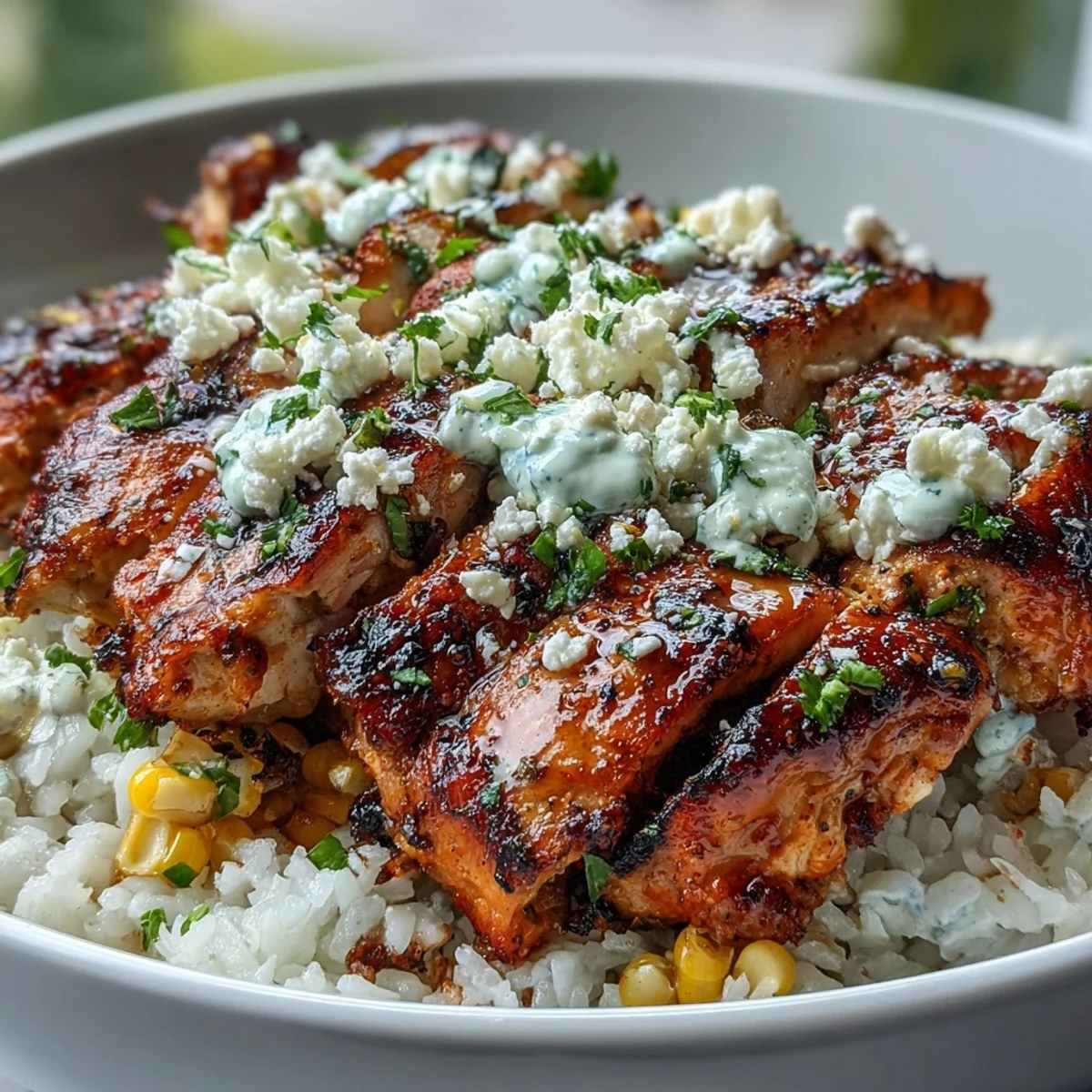 Sliced chicken and charred Mexican street corn top fluffy rice in a Street Corn Chicken Rice Bowl, drizzled with creamy tajín-lime sauce.