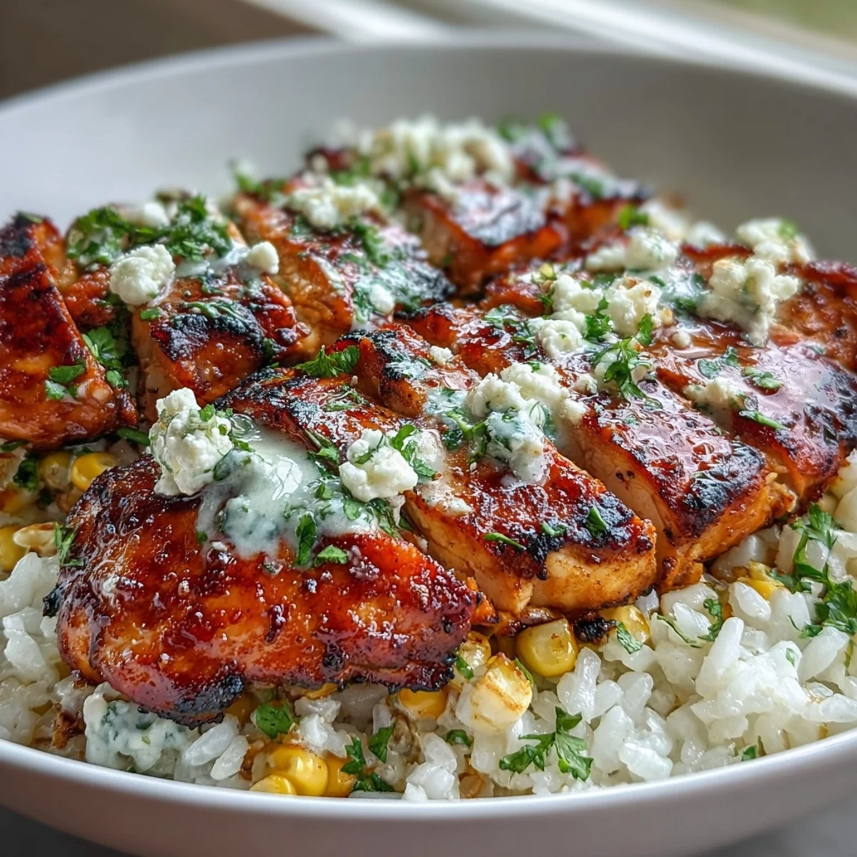 A warm, meal-prep friendly Street Corn Chicken Rice Bowl features juicy chicken, charred corn, and creamy sauce, with lime wedges on the side.
