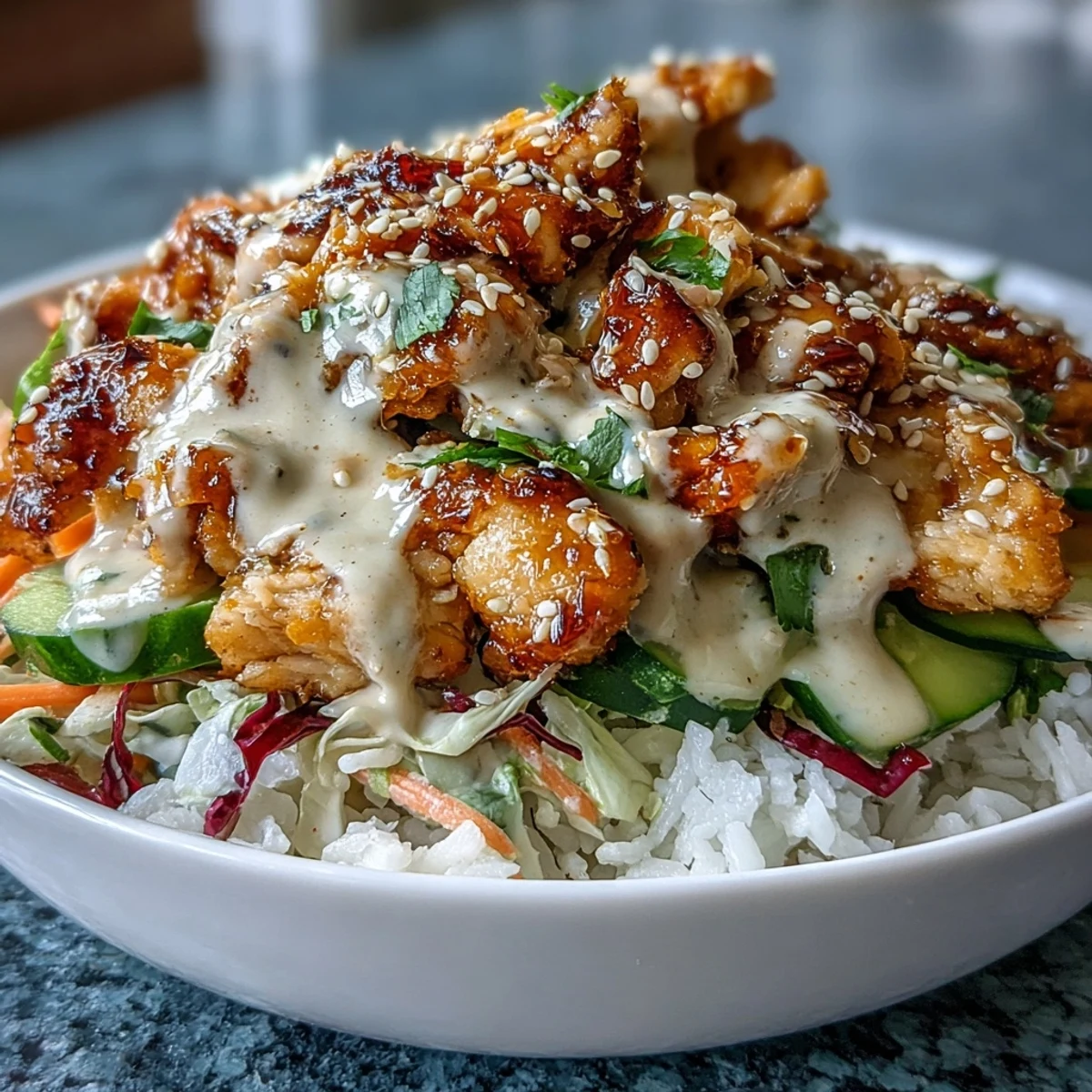 Freshly cooked chicken coated in creamy Bang Bang sauce, paired with fluffy rice, shredded carrots, and crisp cucumbers for a vibrant bowl.