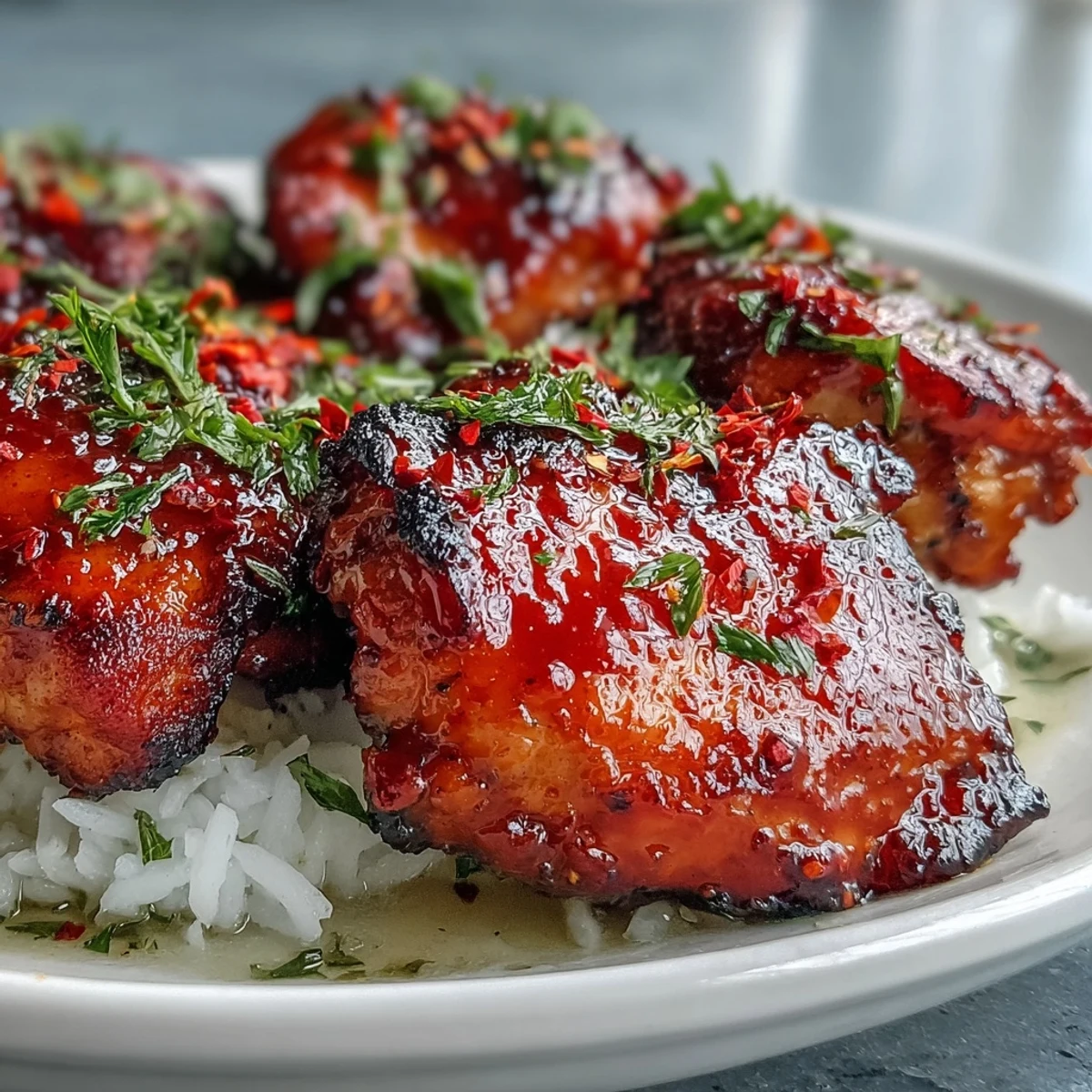 Golden-brown spicy maple chicken glazed in sriracha sauce rests on a bed of fluffy coconut rice, garnished with fresh cilantro and lime.