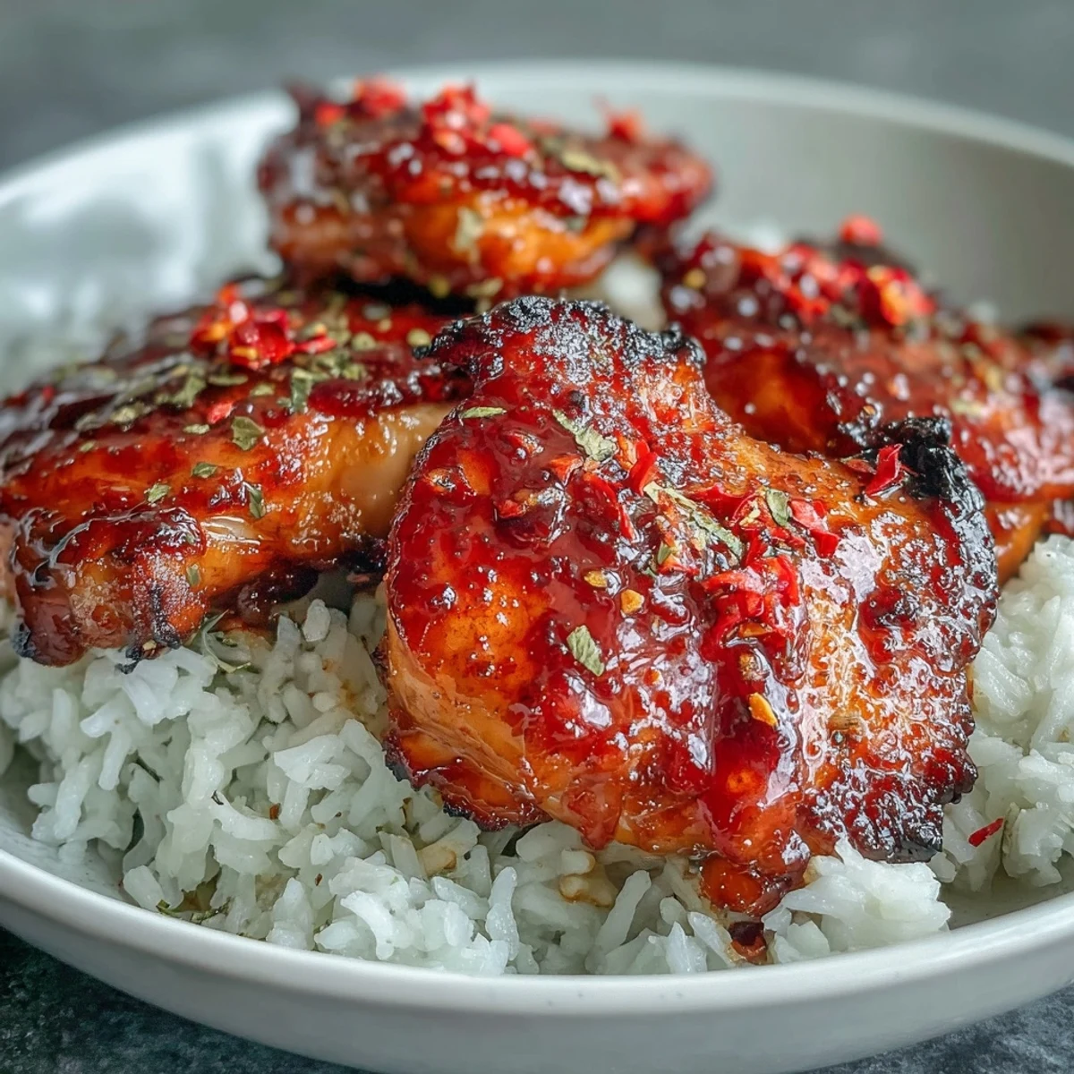 Spicy Maple Chicken and coconut rice plated with vibrant green cilantro and lime, showcasing a sticky, caramelized glaze.