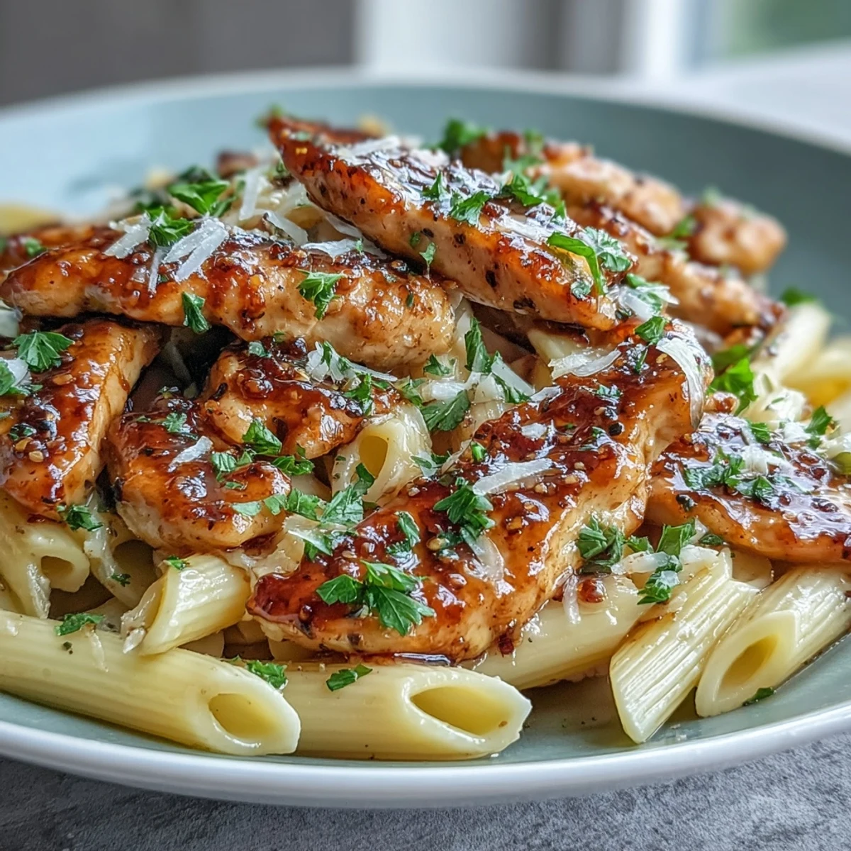 A close-up of sizzling Honey Pepper Chicken Pasta in a skillet, steam rising from tender chicken coated in honey and black pepper sauce.