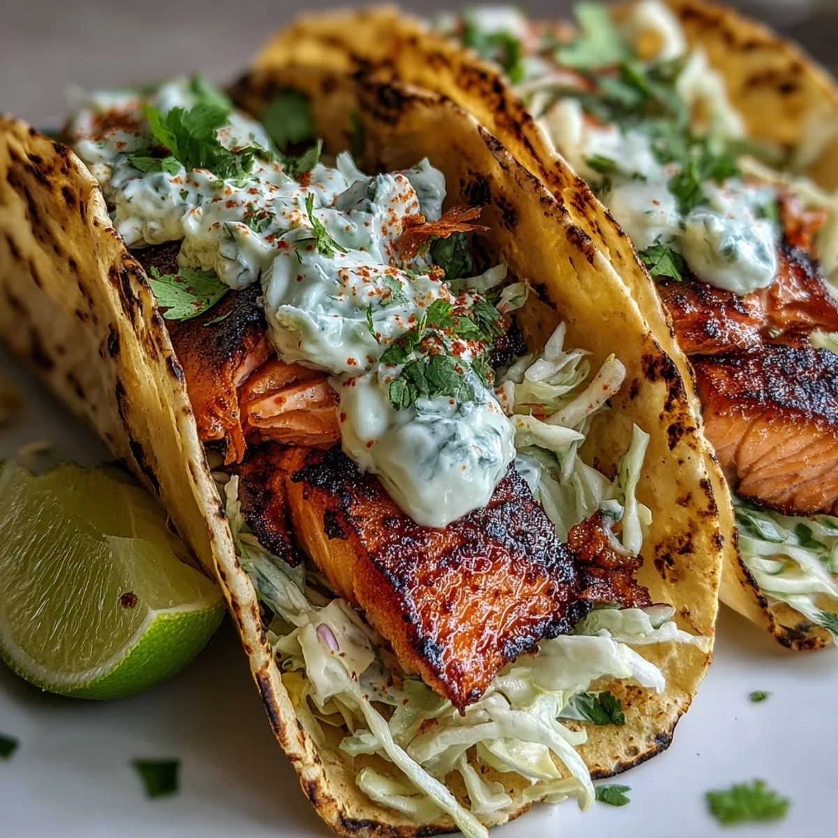 Air Fryer Salmon Tacos with Slaw featuring flaky, chili-rubbed fish tucked into warm corn tortillas piled high with creamy, crunchy slaw.