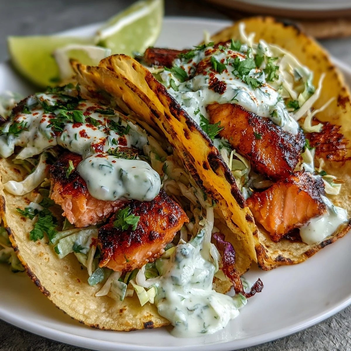 Easy weeknight dinner platter: Air Fryer Salmon Tacos with Slaw, showing vibrant purple cabbage and avocado slices for extra freshness.