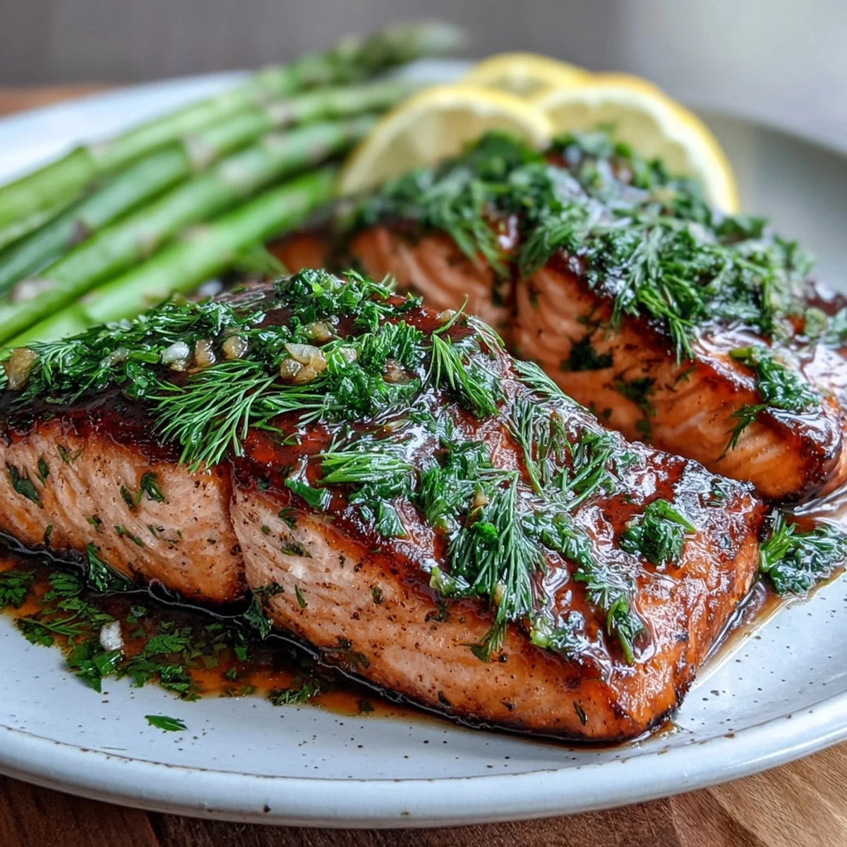 Golden brown Marry Me Salmon fillets with fresh dill and lemon slices on a baking sheet.