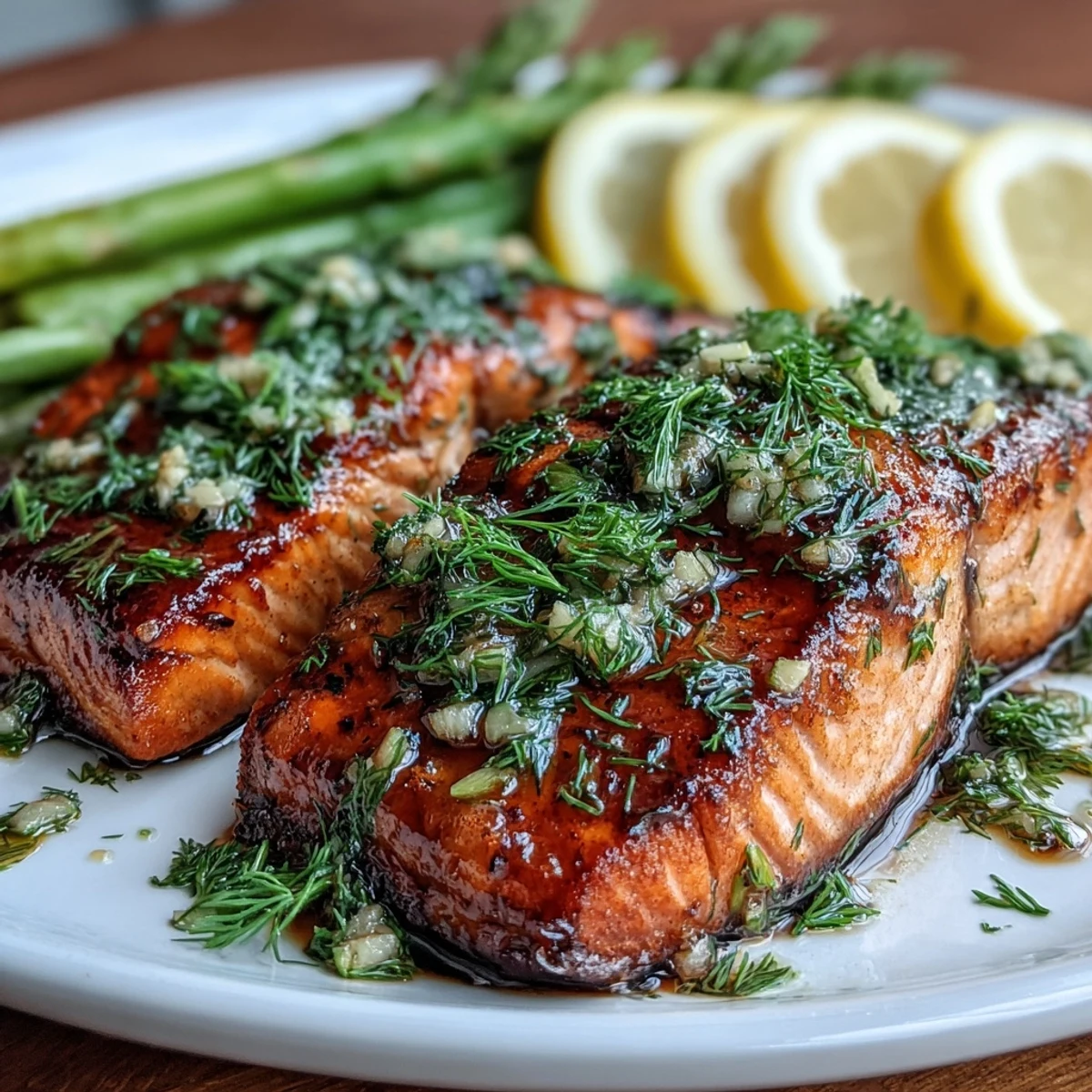 A plated Marry Me Salmon fillet with vibrant herbs and a lemon wedge ready to serve.