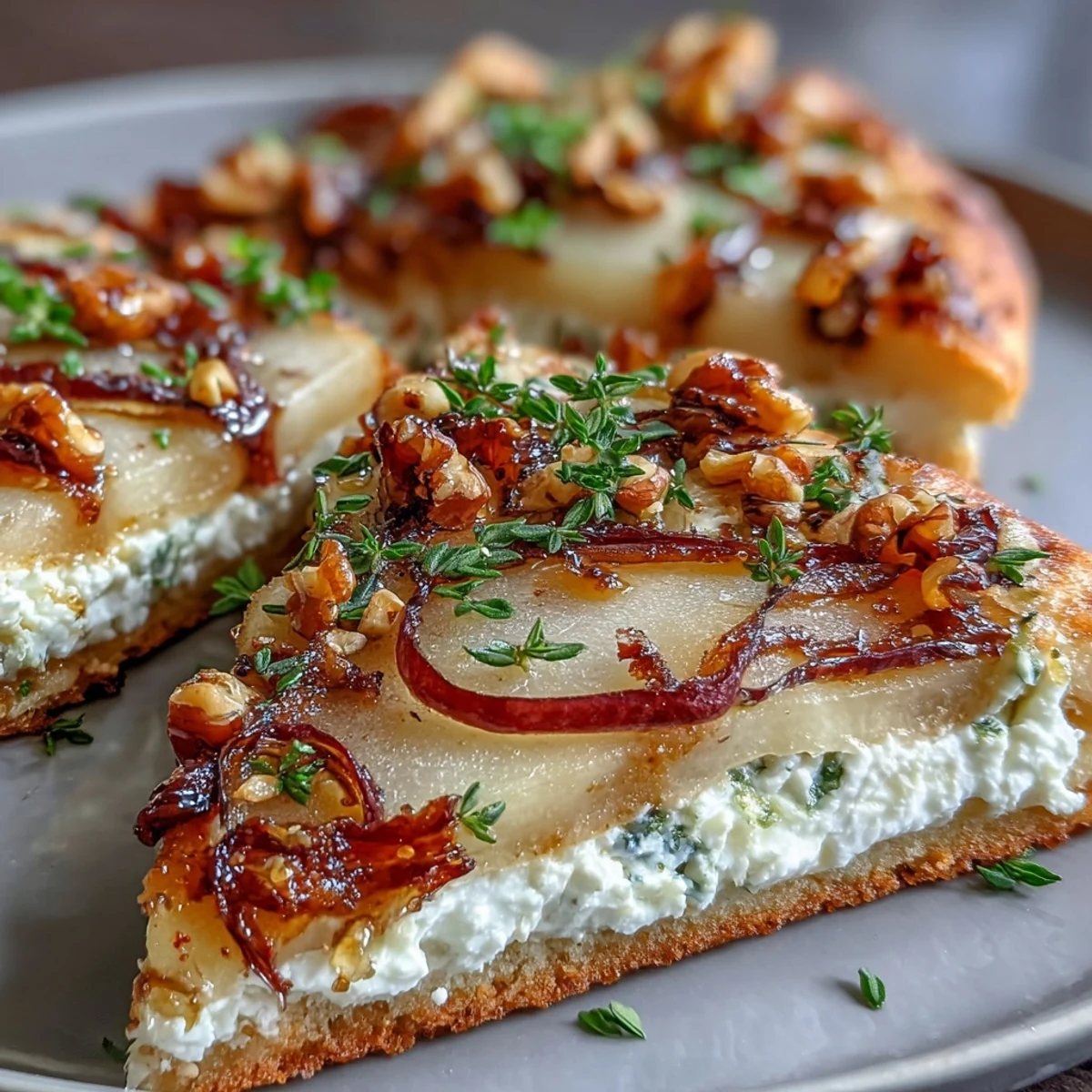A close-up of warm Goat Cheese & Pear Flatbread with golden crust, creamy spread, and glistening hot honey drizzle.