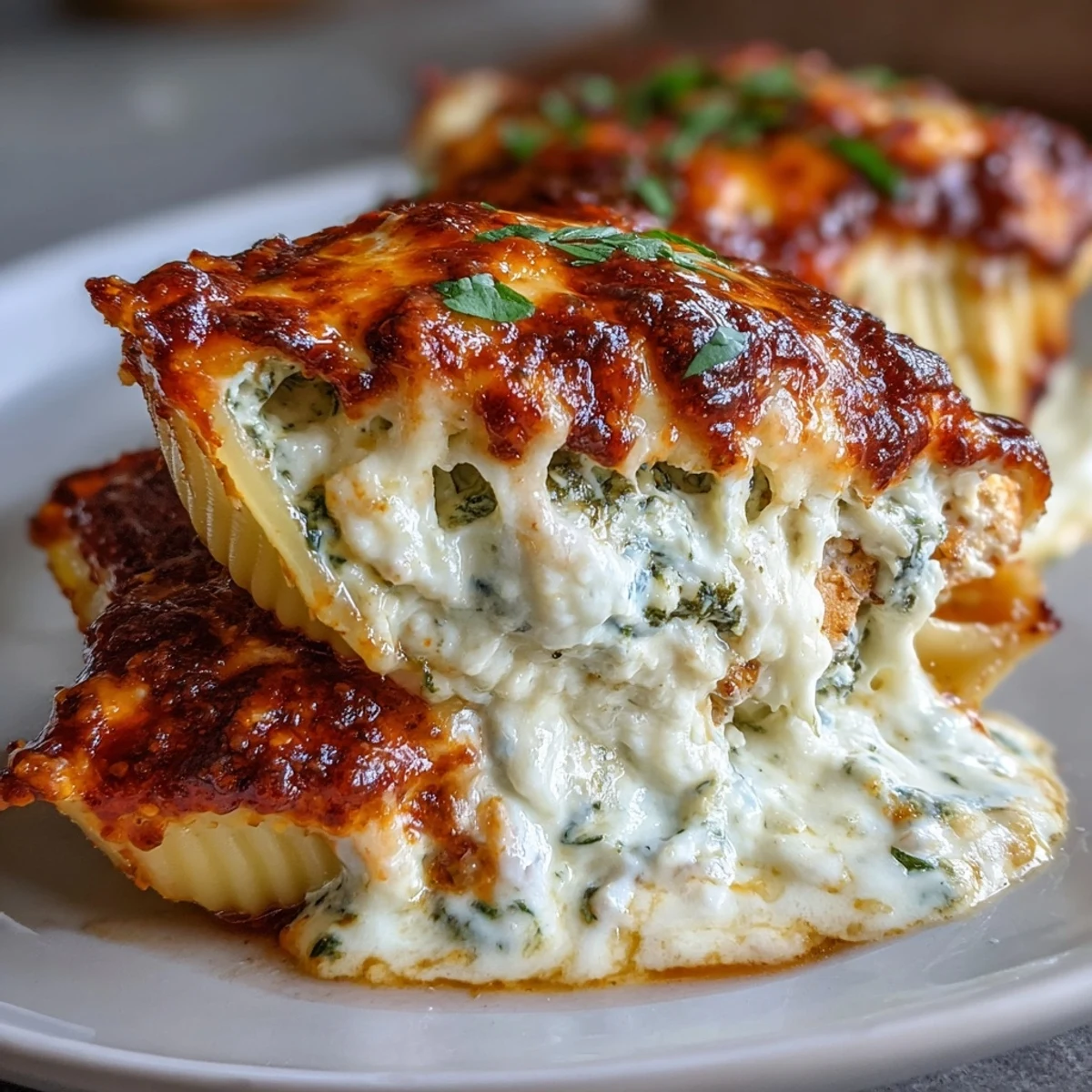 Golden, bubbly Pesto Lasagna Stuffed Shells emerge from the oven, filled with creamy ricotta and pesto chicken in marinara sauce.