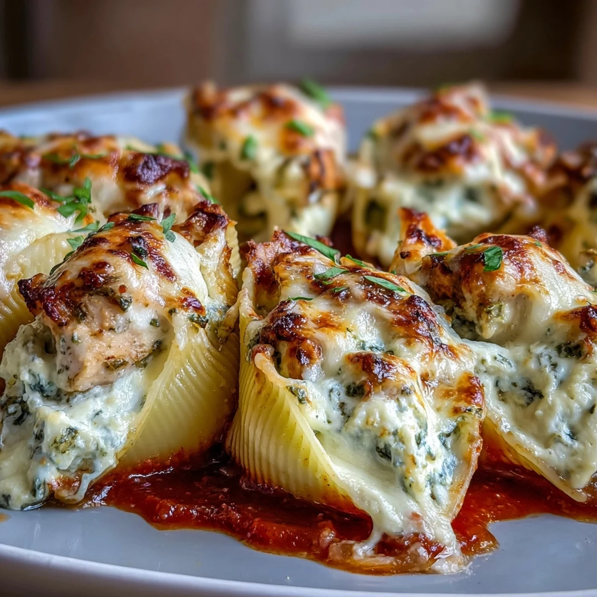 Tender jumbo pasta shells are generously stuffed with herb ricotta and pesto-coated chicken, then layered with rich marinara for serving.