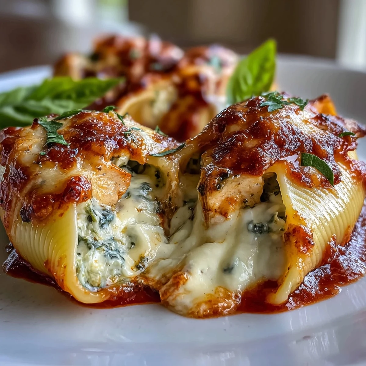 Close-up of Pesto Lasagna Stuffed Shells revealing melty mozzarella and a golden crust, paired with fresh basil and a crisp green salad.