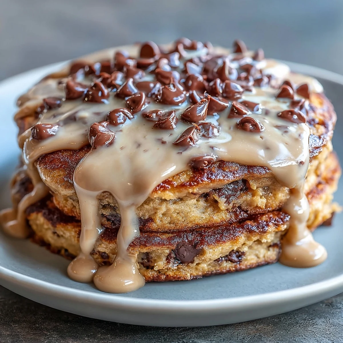 A rich, high-protein Peanut Butter Cup Protein Pancake bowl finished with a peanut butter drizzle and mini chocolate chips.
