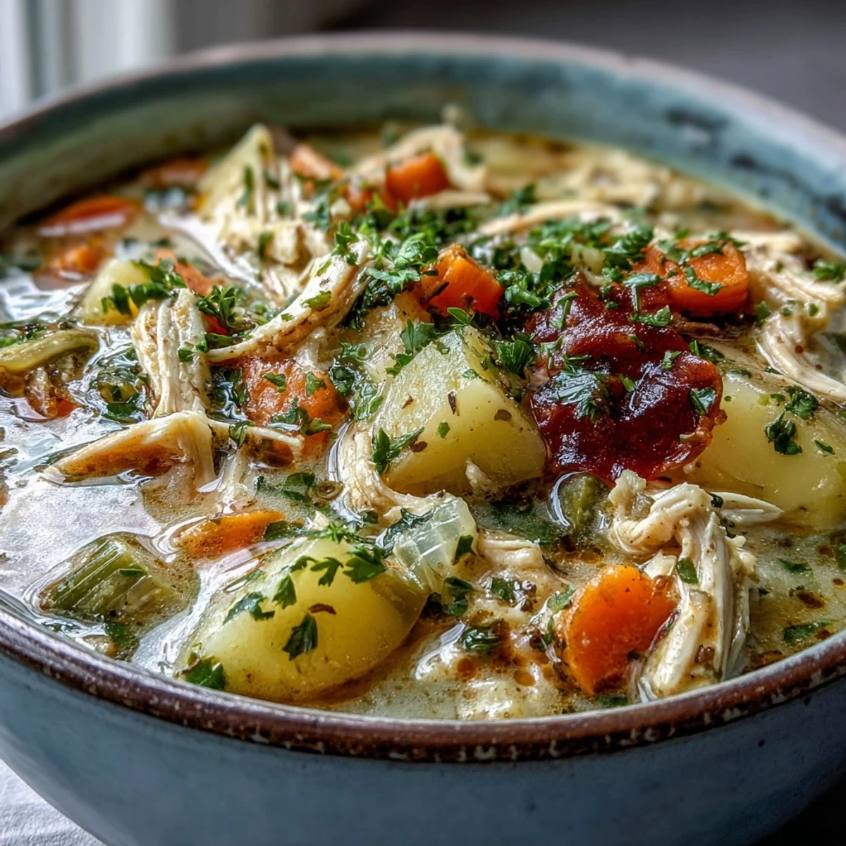 Creamy Ranch Chicken Veggie Soup ladled into a white bowl, showcasing tender shredded chicken, diced potatoes, and colorful vegetables.
