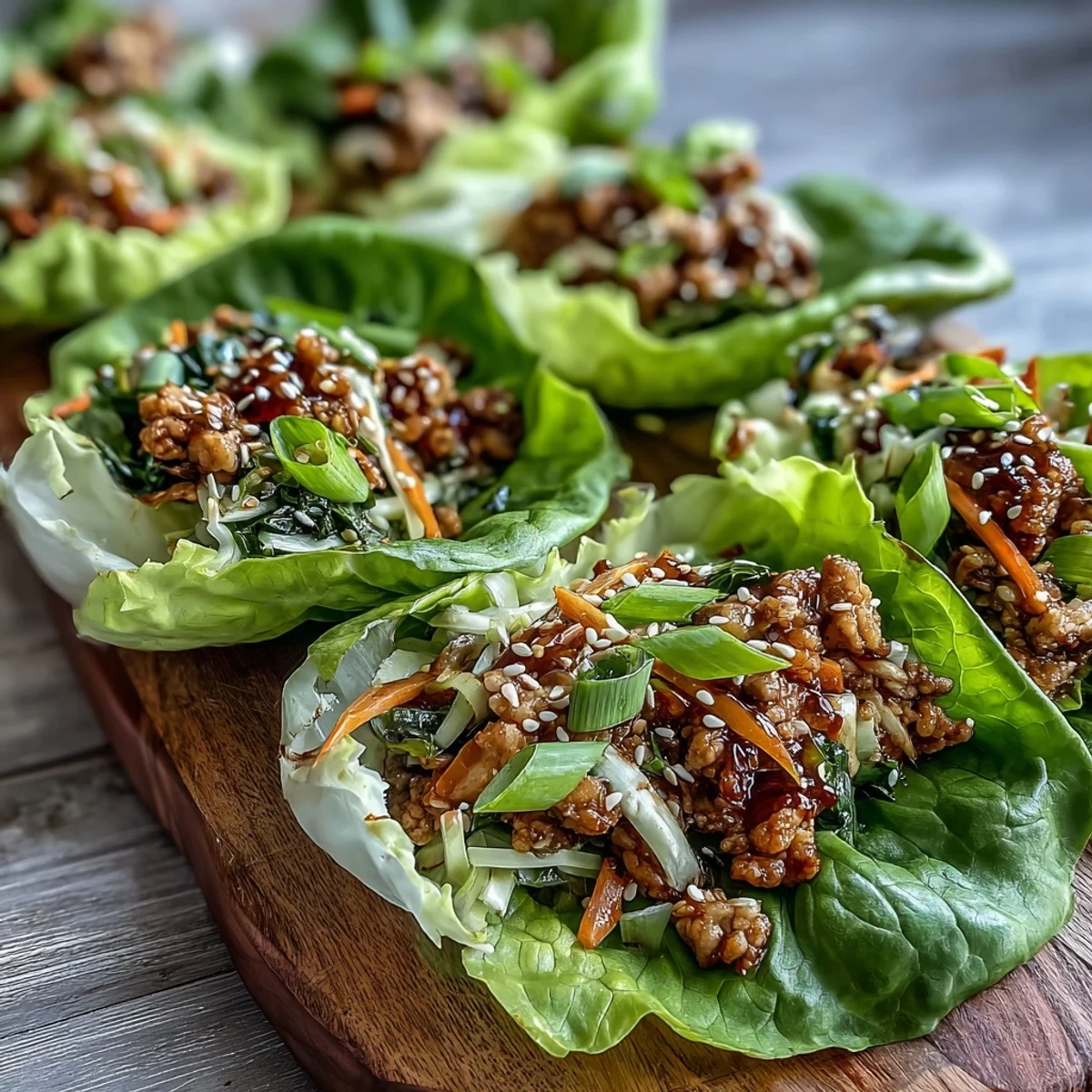 Ground turkey stir-fry with ginger and garlic in lettuce wraps, ready to serve as a healthy low-carb appetizer.
