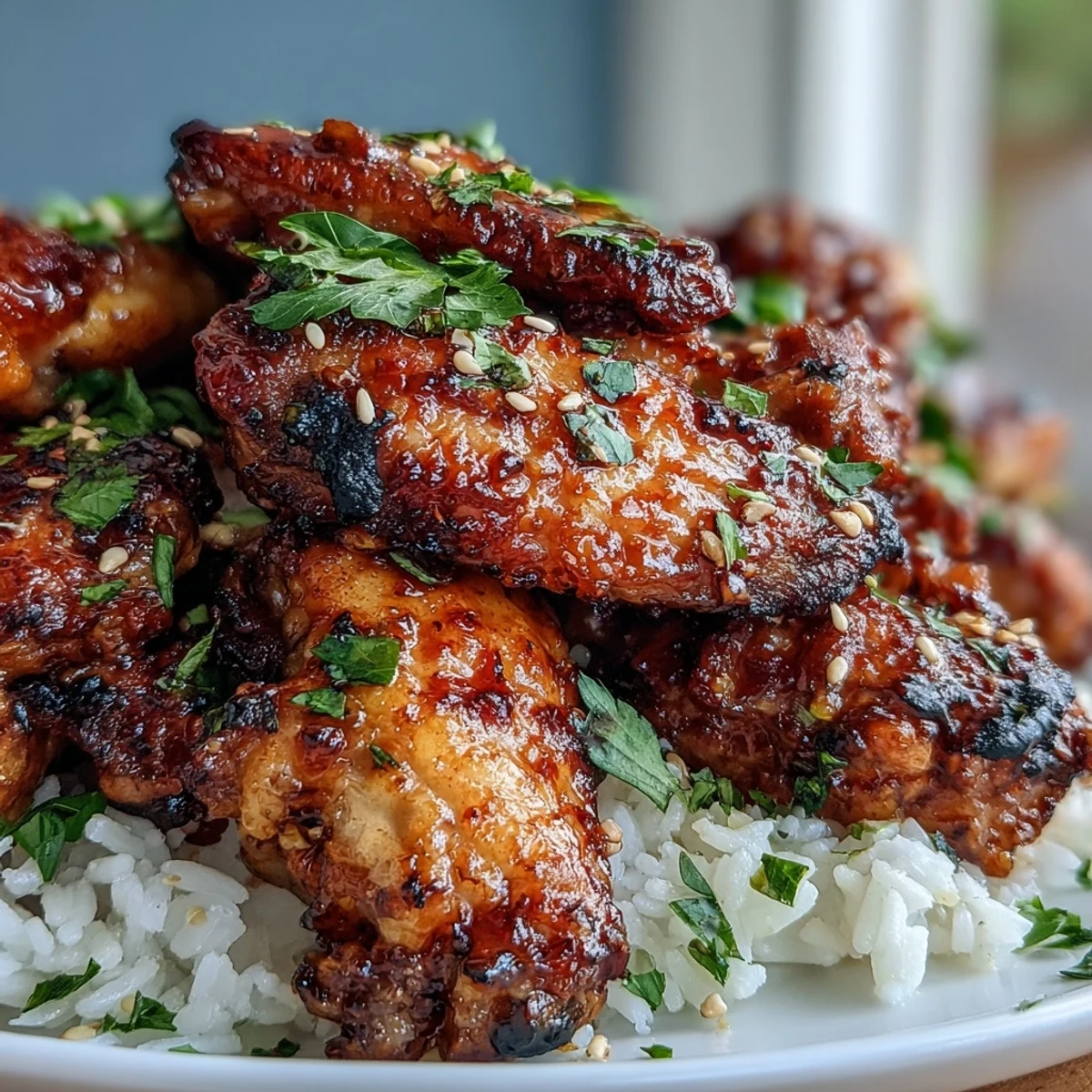 Oven-Baked Honey Garlic Chicken Wings & Rice served on fluffy buttery rice with fresh parsley garnish.