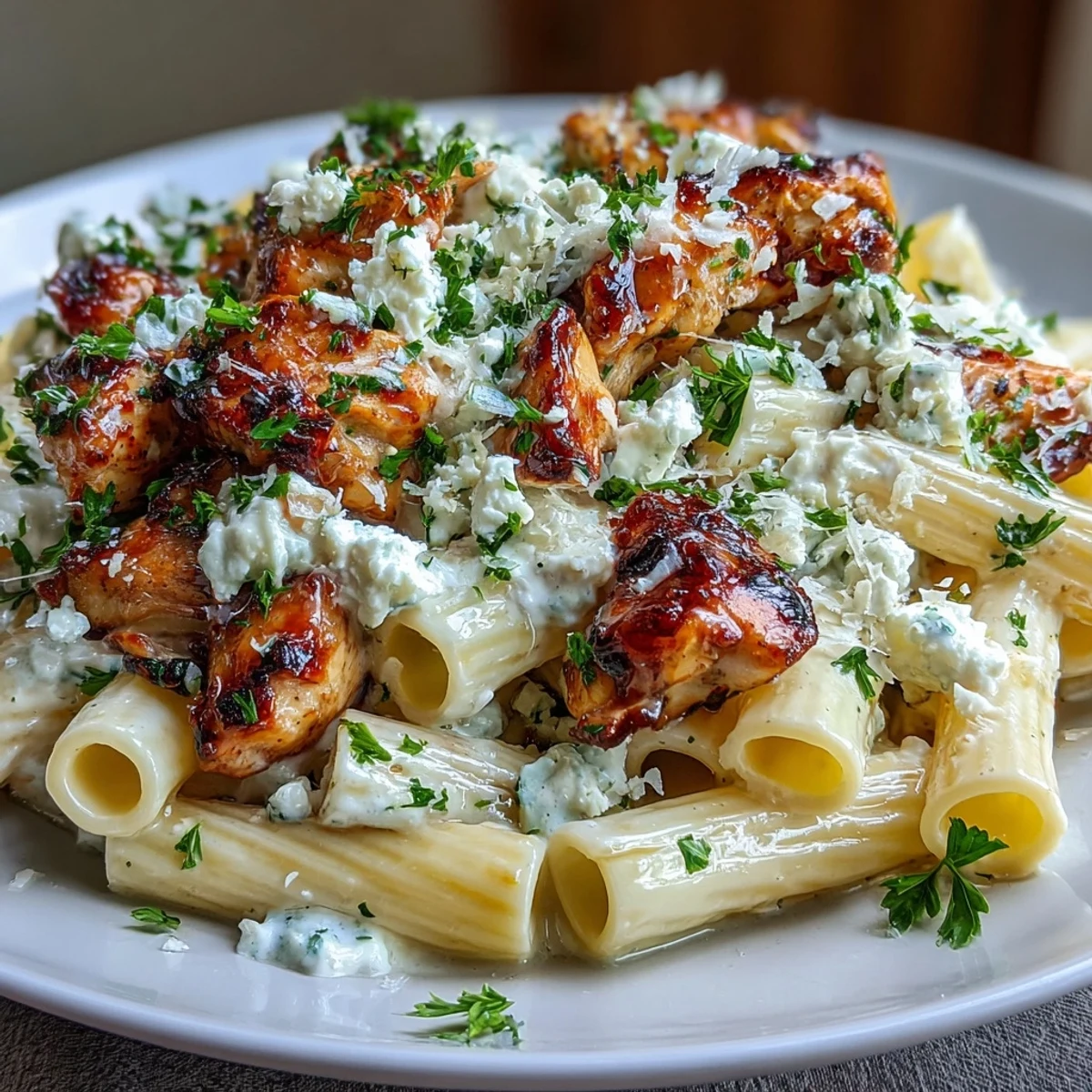 Creamy Lemon Feta Chicken Pasta served in a bowl, penne coated in silky lemon cream sauce with tender chicken, feta crumbles, and fresh parsley garnish.