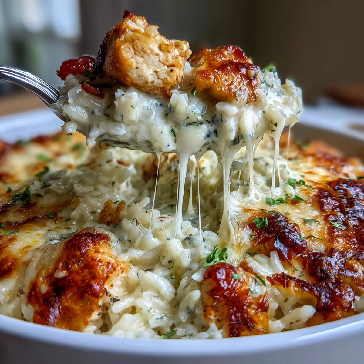 Golden bubbly mozzarella and Parmesan top this Creamy Garlic Chicken & Rice Casserole, served hot from the oven.