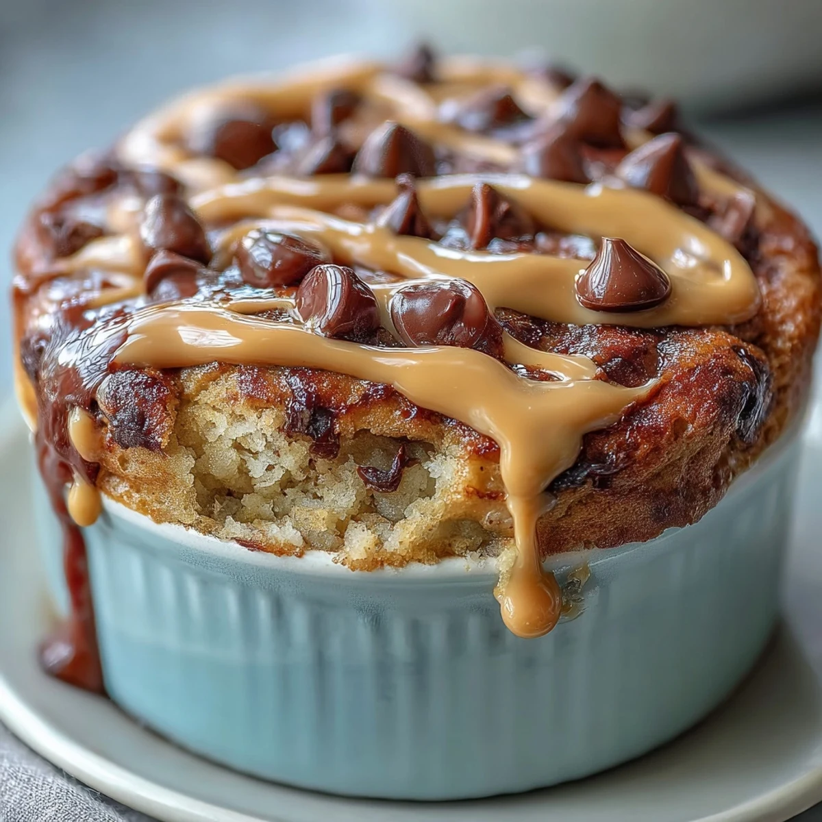 Freshly baked Peanut Butter Cup Protein Pancake Bowl topped with melted chocolate chips and creamy peanut drizzle, served warm in a ramekin.