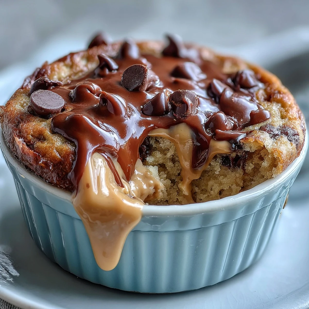 Healthy Peanut Butter Cup Protein Pancake Bowl with a fluffy texture and a generous drizzle of melted peanut butter, ready to eat.