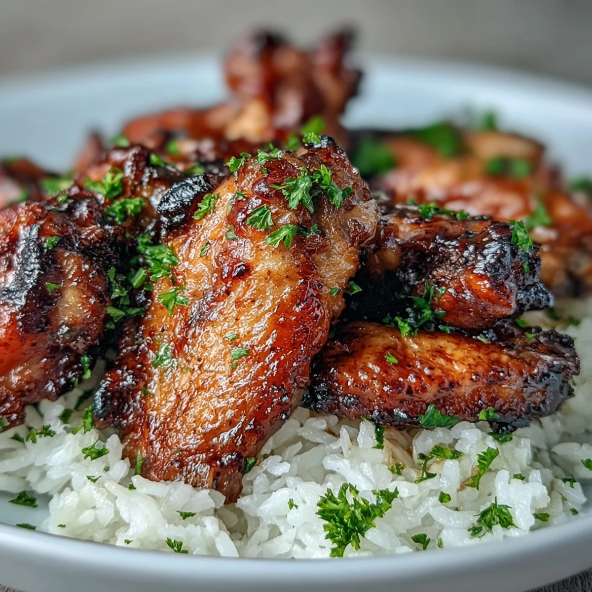 Freshly baked honey garlic chicken wings piled high next to buttery rice, perfect for game day gatherings or family dinners.