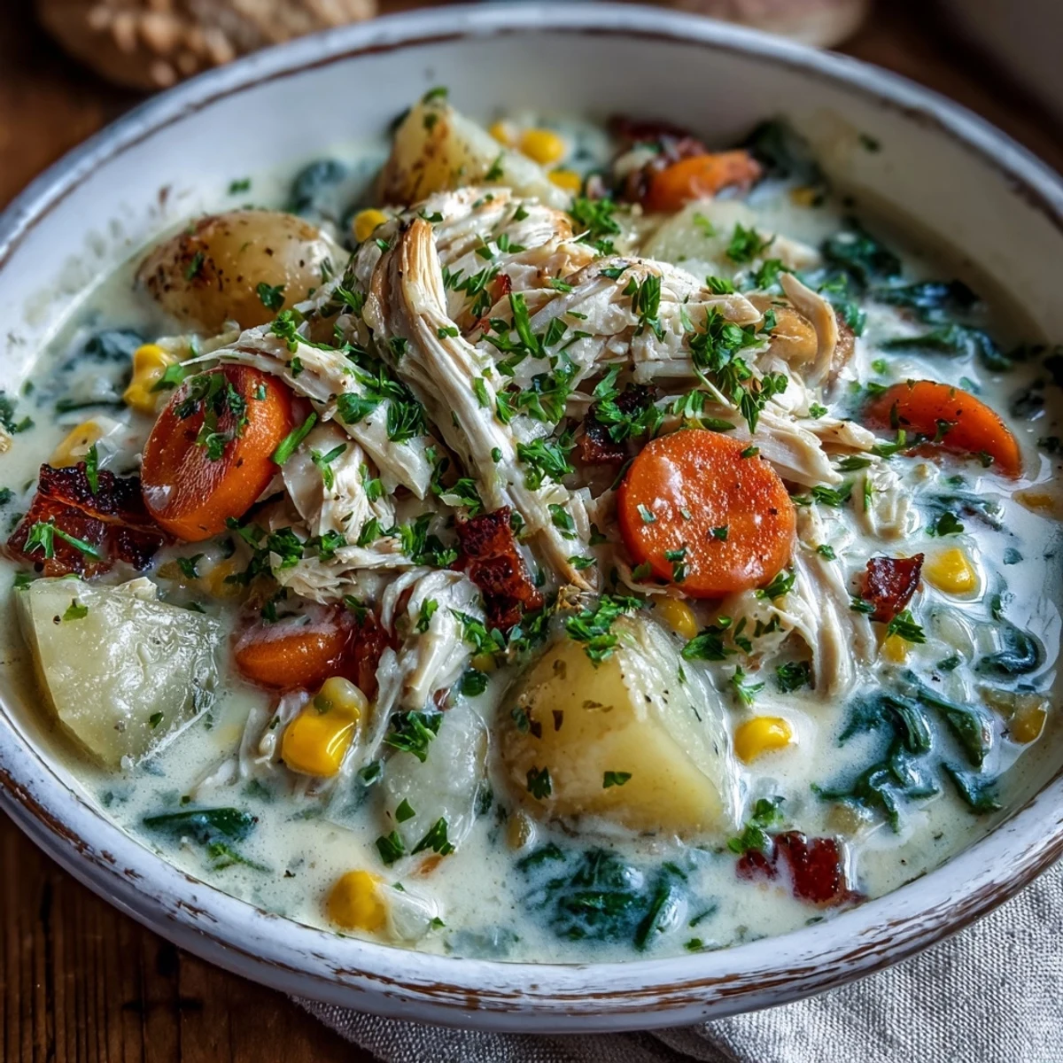 Hearty ranch chicken veggie soup with corn and spinach served steaming hot in a rustic bowl.